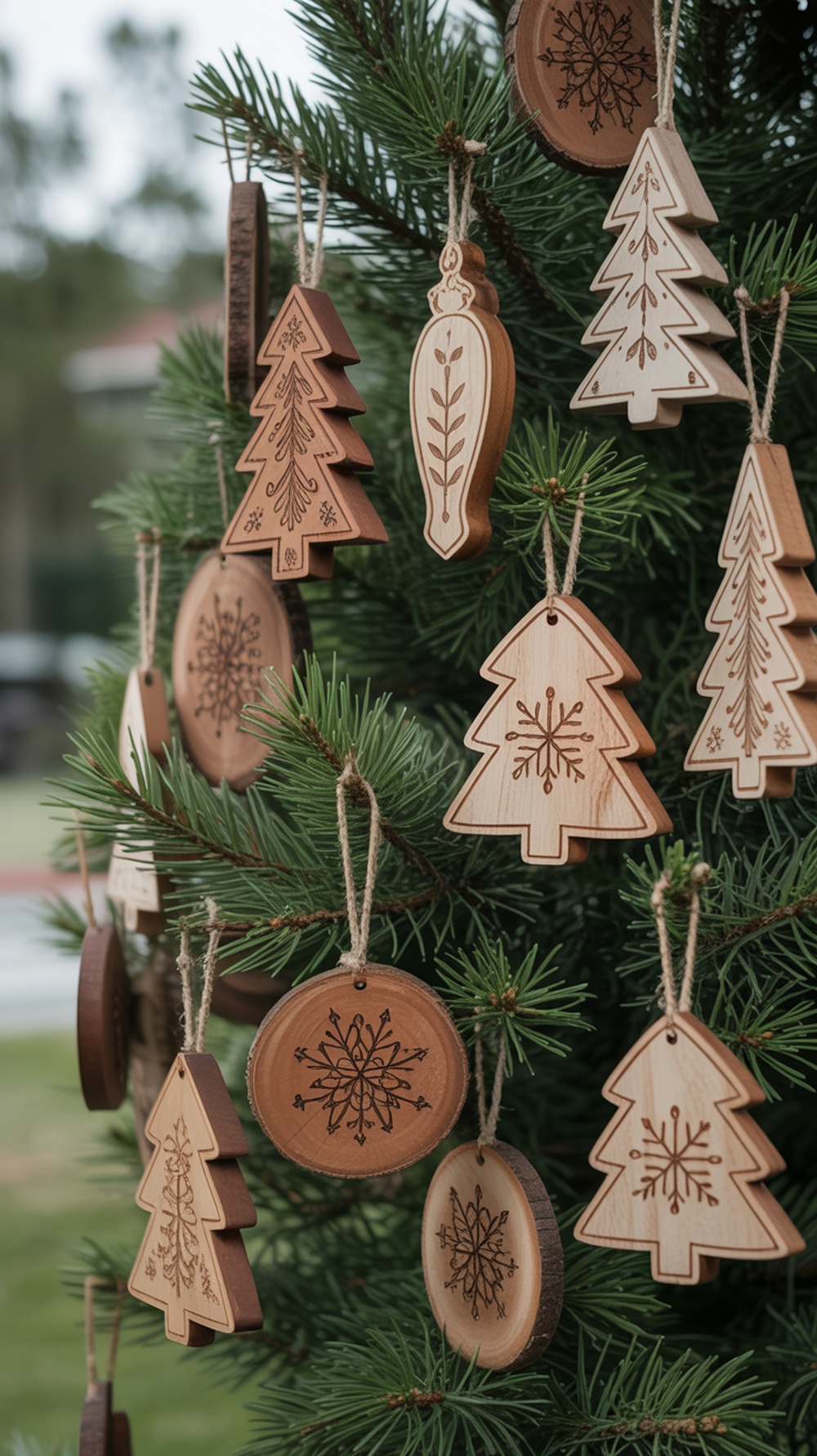 A close-up of rustic wooden ornaments hanging on a Christmas tree, featuring various designs like trees and snowflakes.