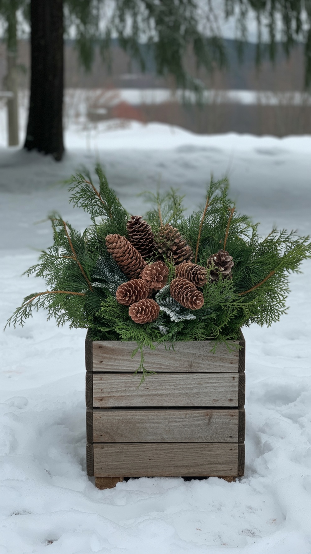 Rustic wooden planter filled with evergreen branches and pine cones in the snow