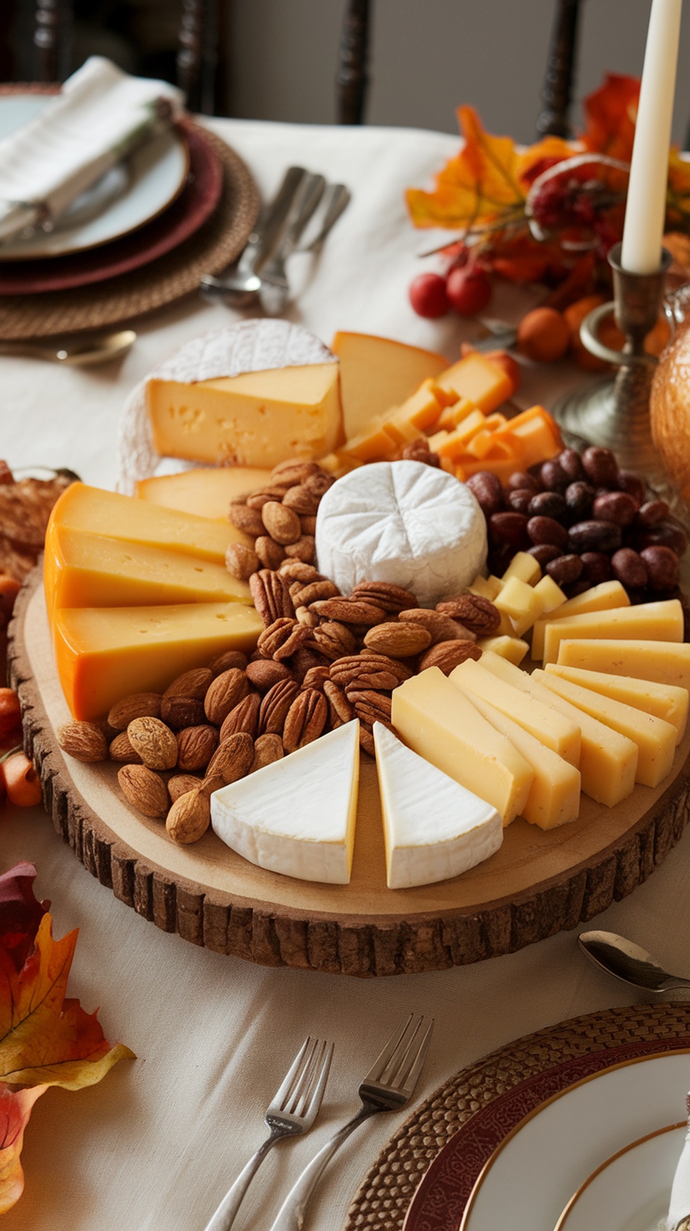 A rustic wooden serving board filled with various cheeses, nuts, and fruits, set on a Thanksgiving table.