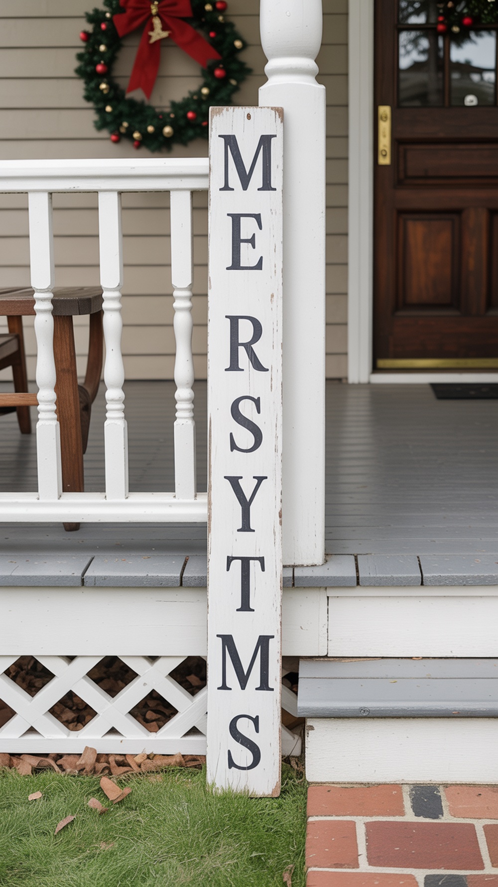 A rustic wooden sign with the letters spelling out 'Merry Christmas' on a front porch, accompanied by a festive wreath.