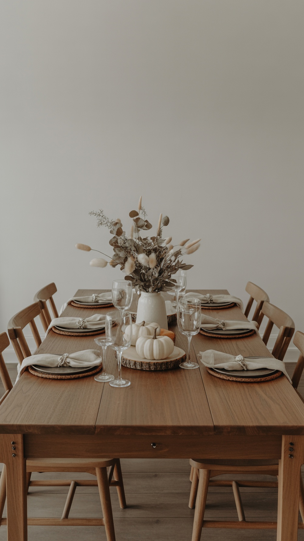 A rustic wooden table setting for Thanksgiving, featuring a vase of dried flowers, woven chargers, linen napkins, and small white pumpkins.