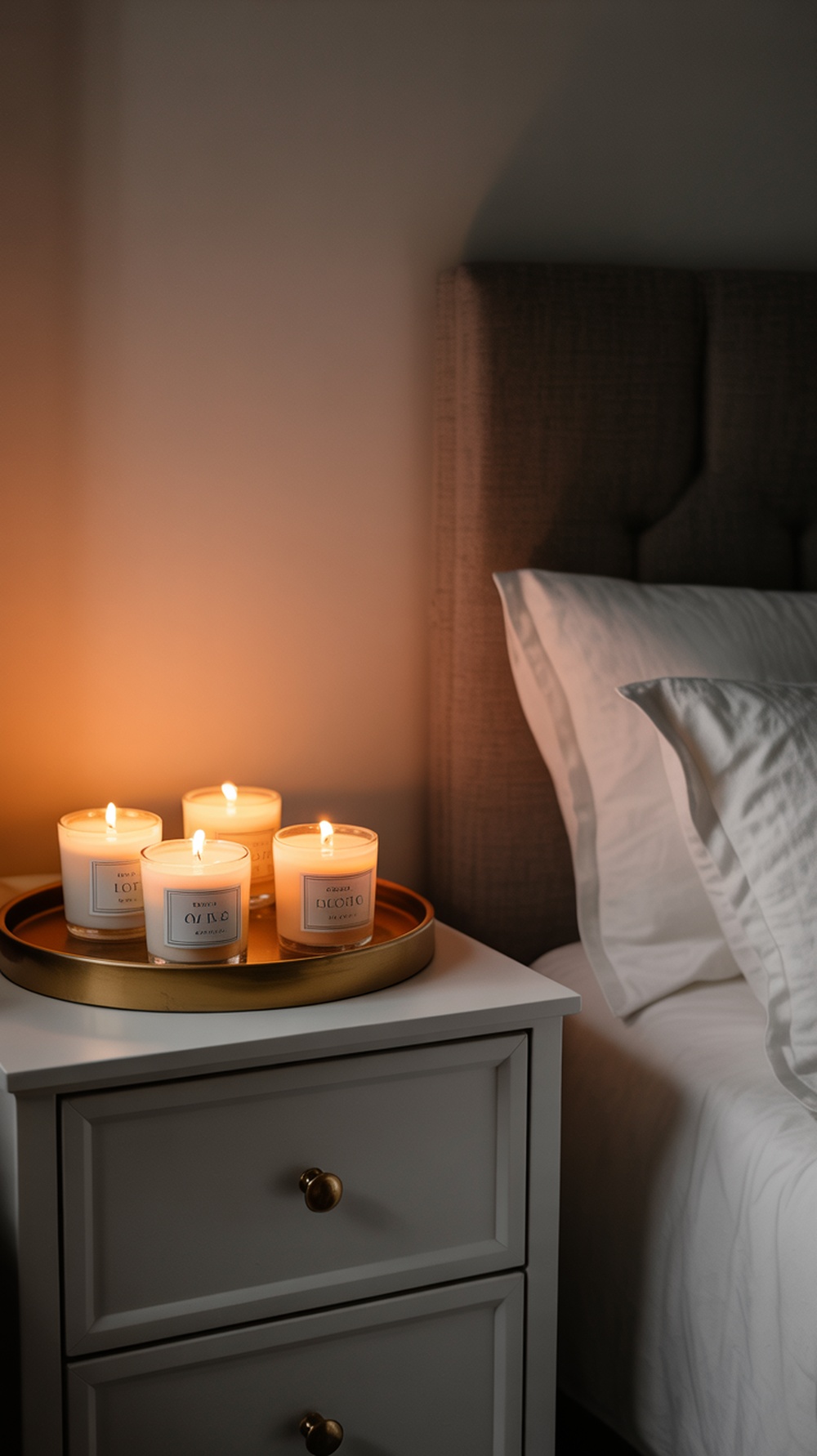 A cozy bedroom scene featuring scented candles on a tray beside a neatly made bed.