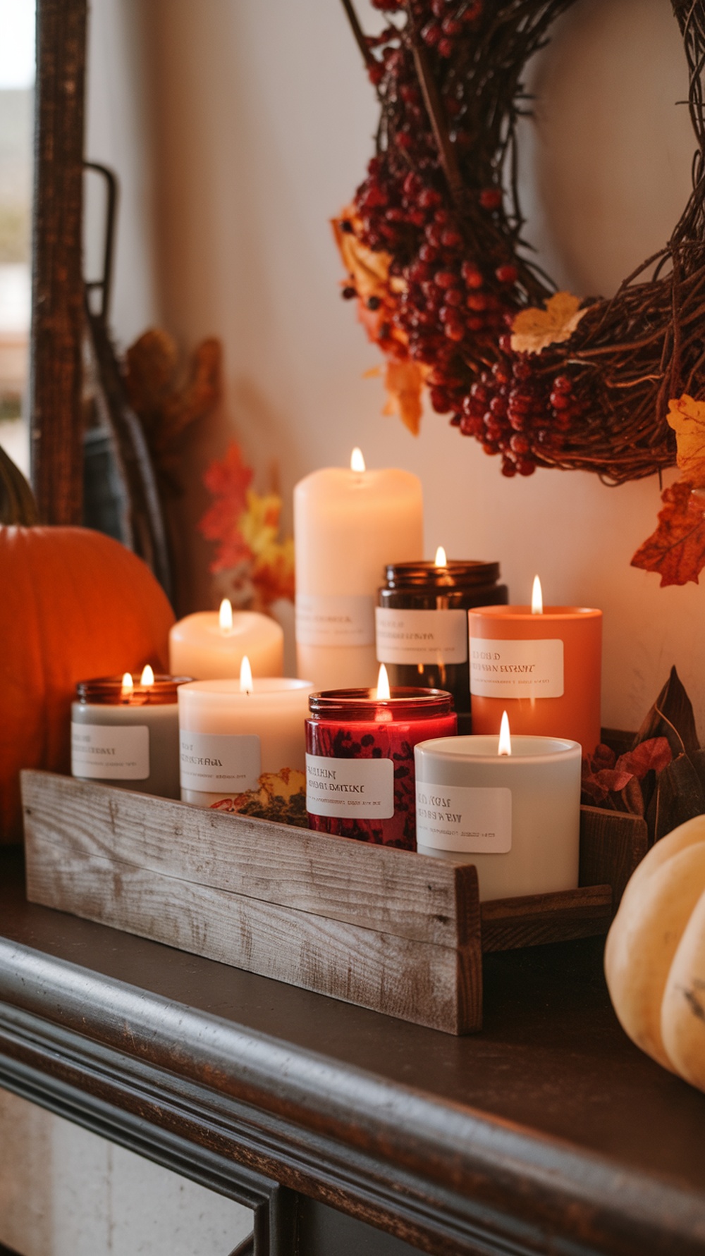 A cozy mantel decorated with various scented candles, pumpkins, and autumn leaves.