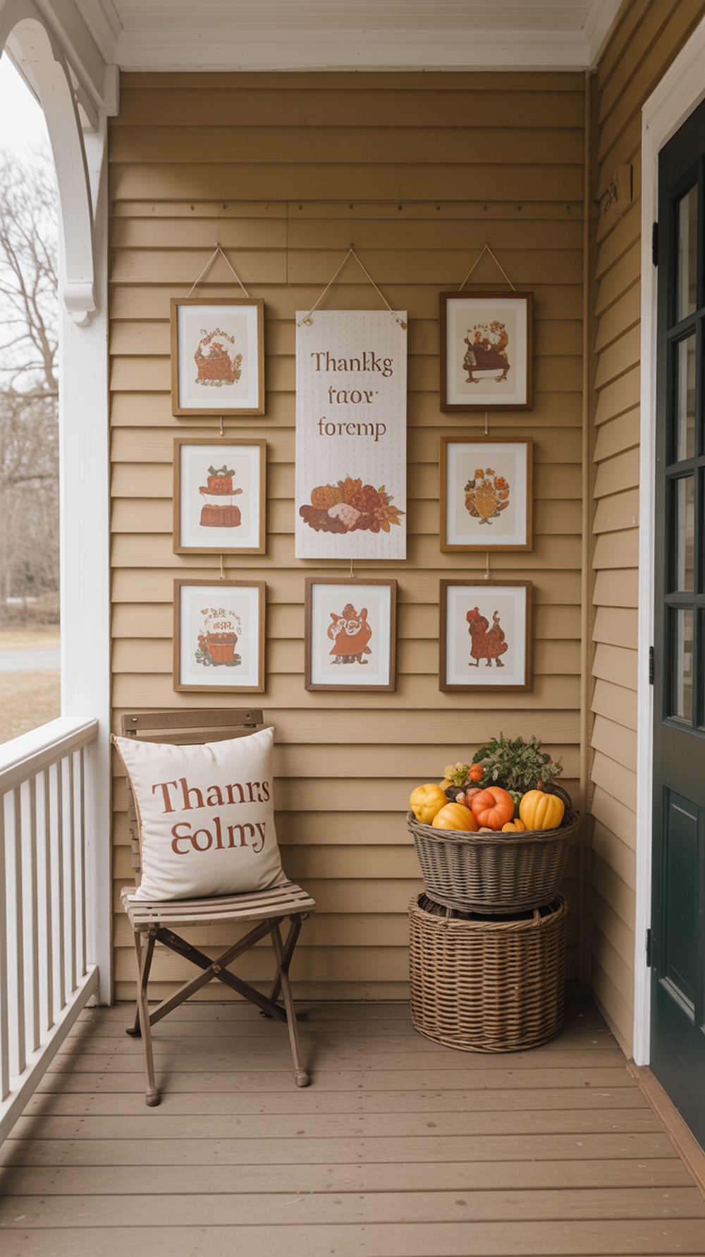 A decorated porch with seasonal artwork, featuring framed illustrations and a cozy chair with pumpkins.