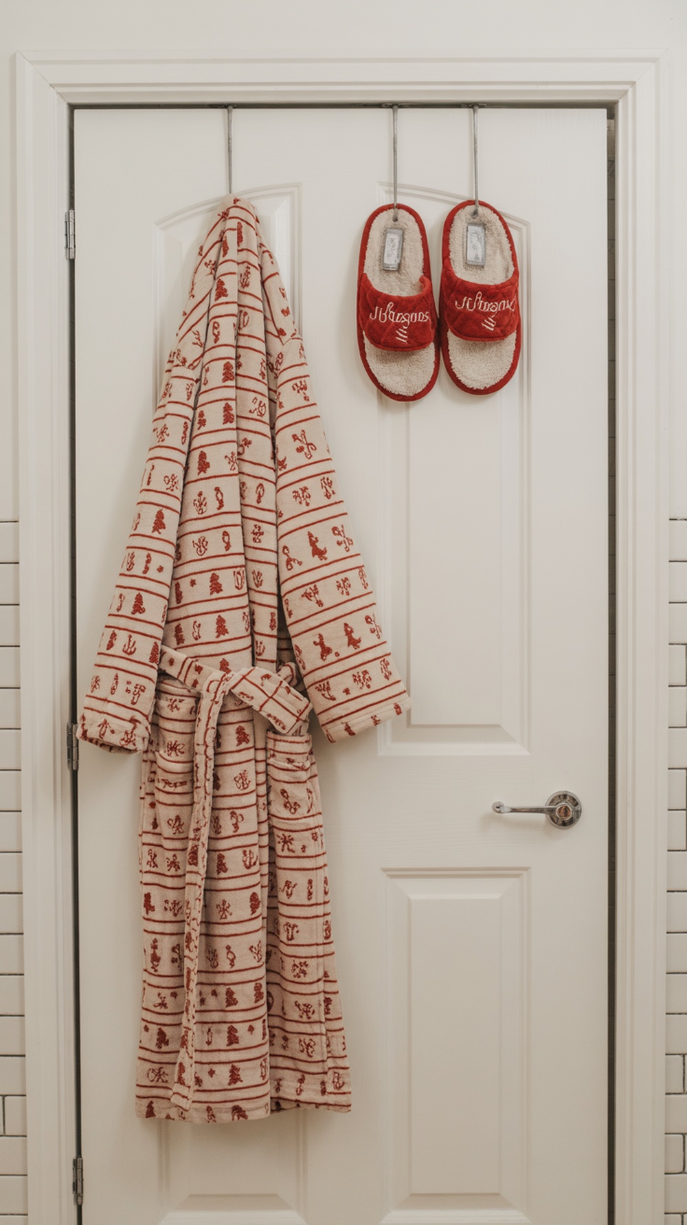A cozy red and cream bathrobe hanging on a door with matching red slippers above it.