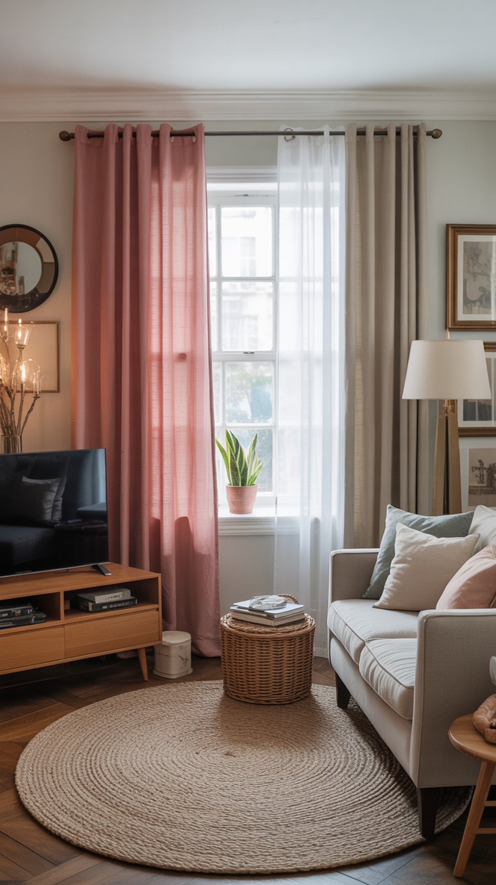 A cozy living room featuring a mix of sheer and solid curtains, a comfortable sofa, and a decorative rug.