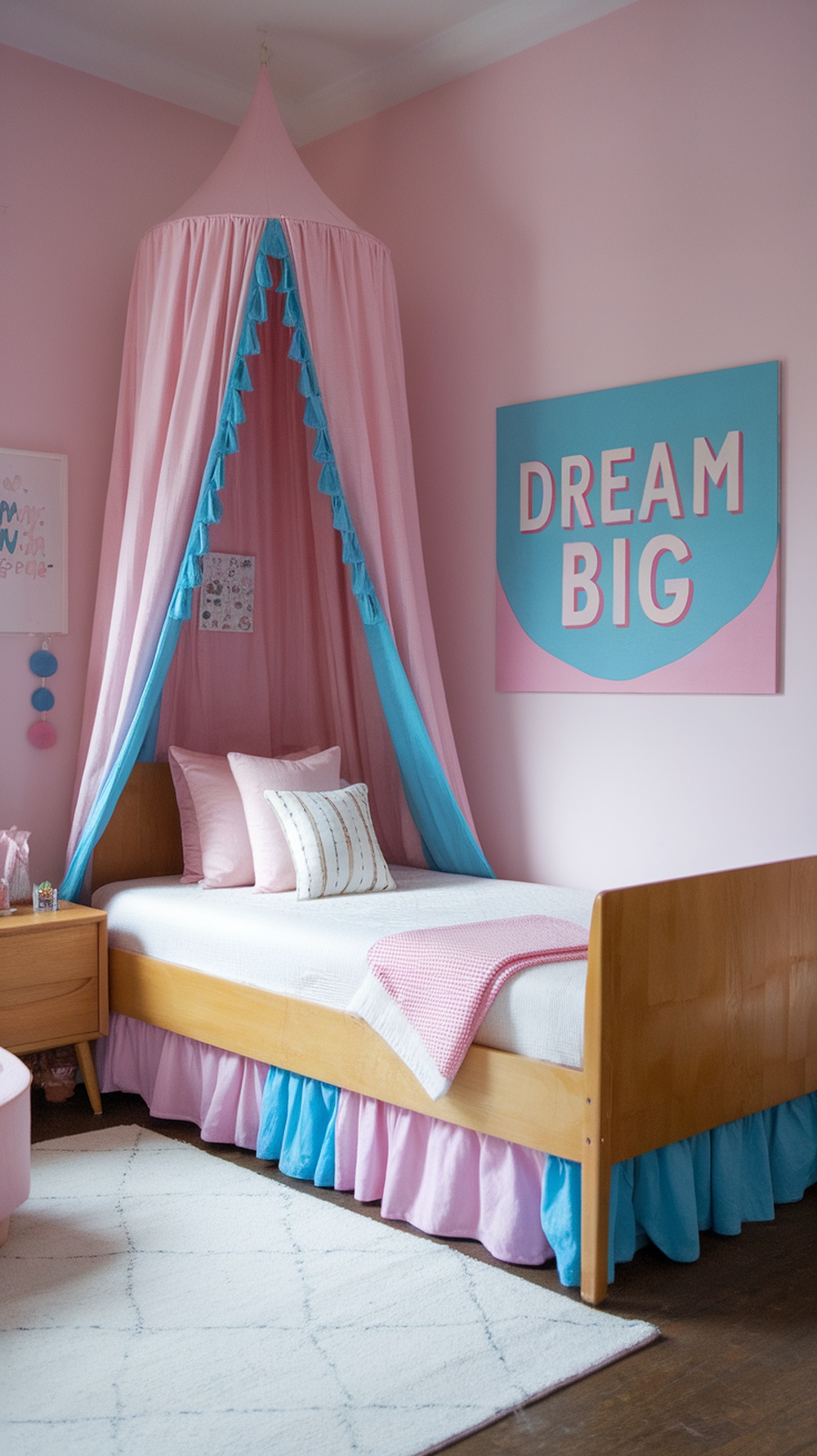 A cozy kids bedroom featuring a pink and blue color scheme with a bed, canopy, and wall art.