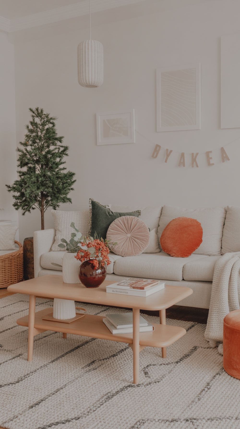 A cozy living room with colorful pillows, a coffee table, and seasonal decor.