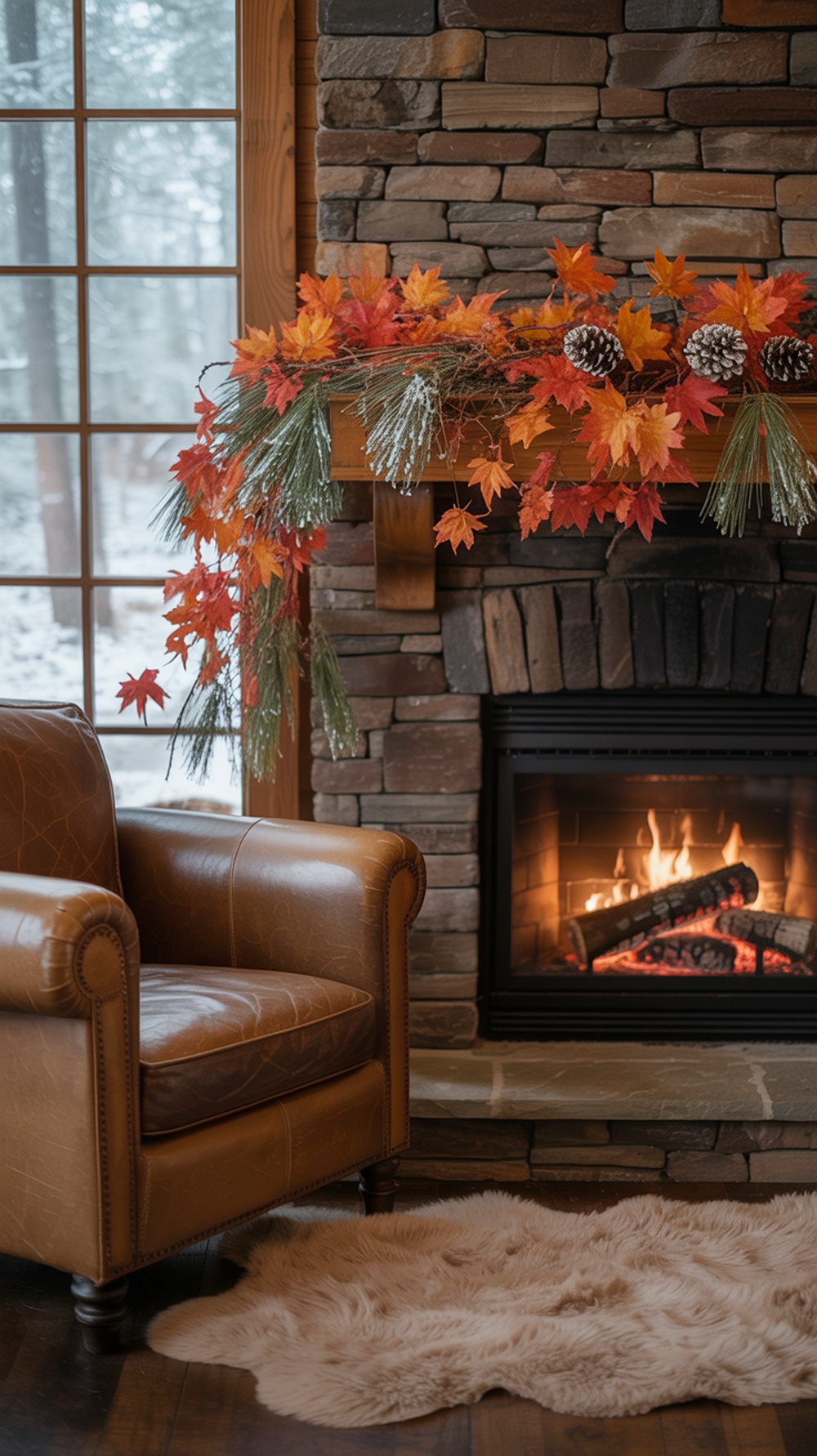 Cozy cabin living room with autumn decor, featuring wooden walls, a garland of leaves, and warm lighting.