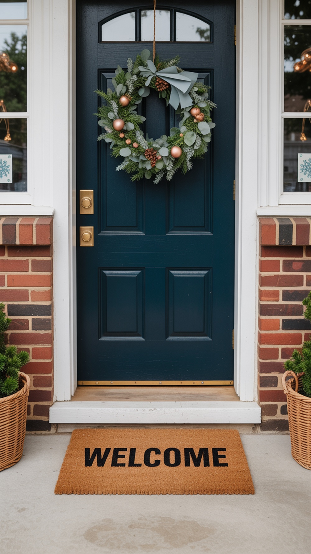 A front porch with a dark blue door, a festive wreath, and a welcome mat.