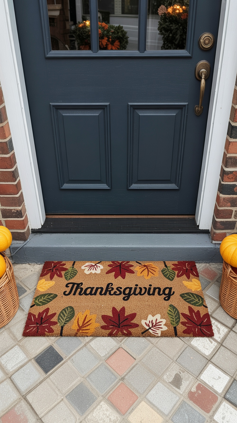 A Thanksgiving-themed door mat with colorful leaves and the word 'Thanksgiving' in a cozy porch setting.