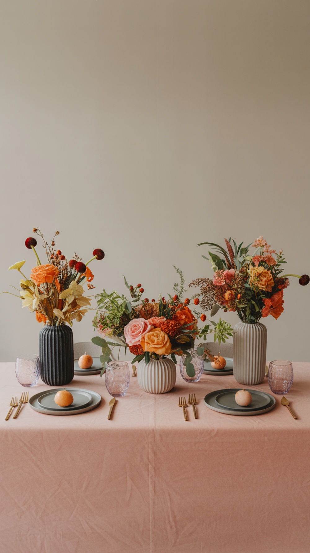 A beautifully arranged Thanksgiving table with seasonal floral arrangements in stylish vases, set against a soft pink tablecloth.