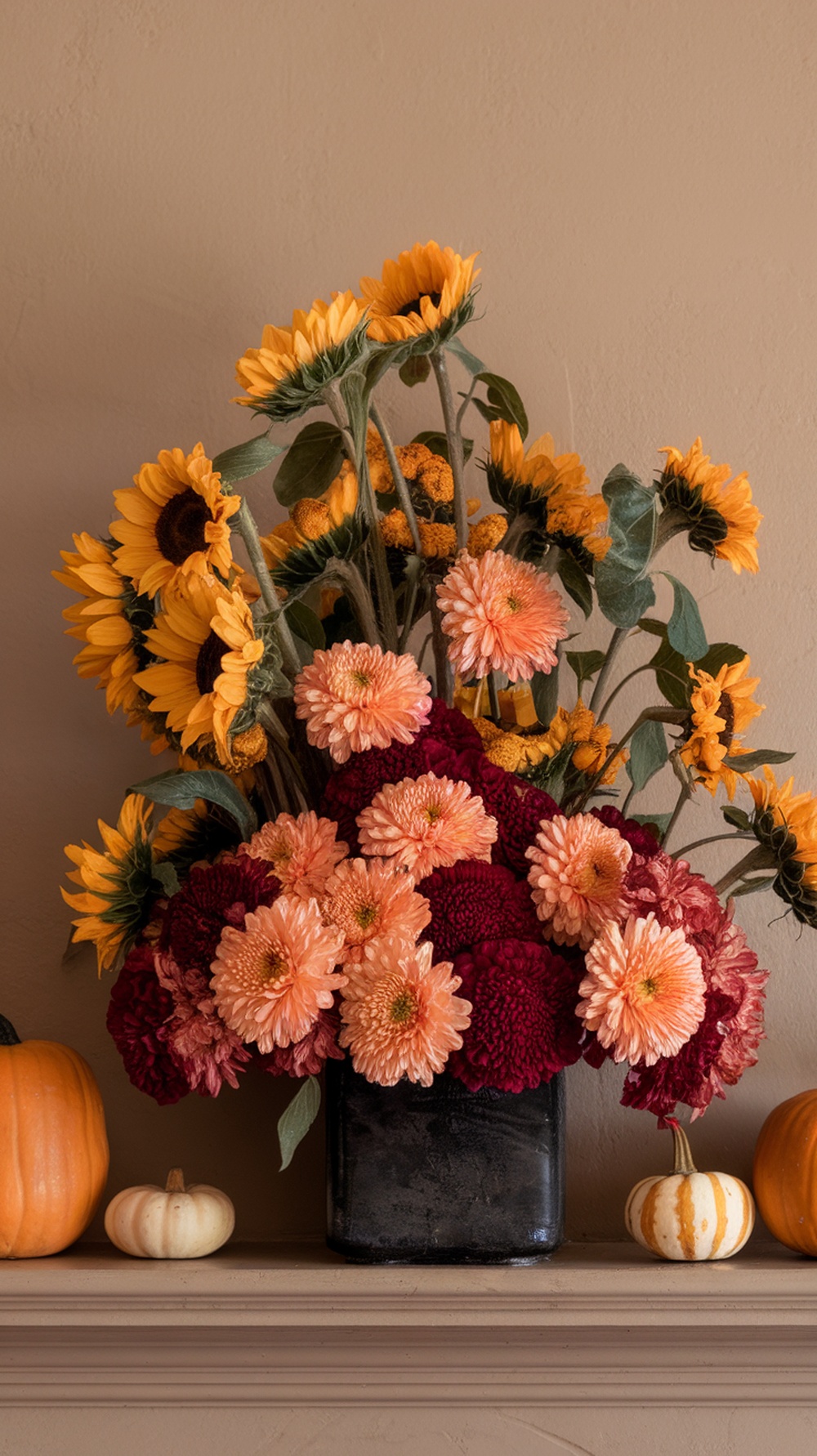 A vibrant floral arrangement featuring sunflowers and zinnias, complemented by small pumpkins on a mantel.