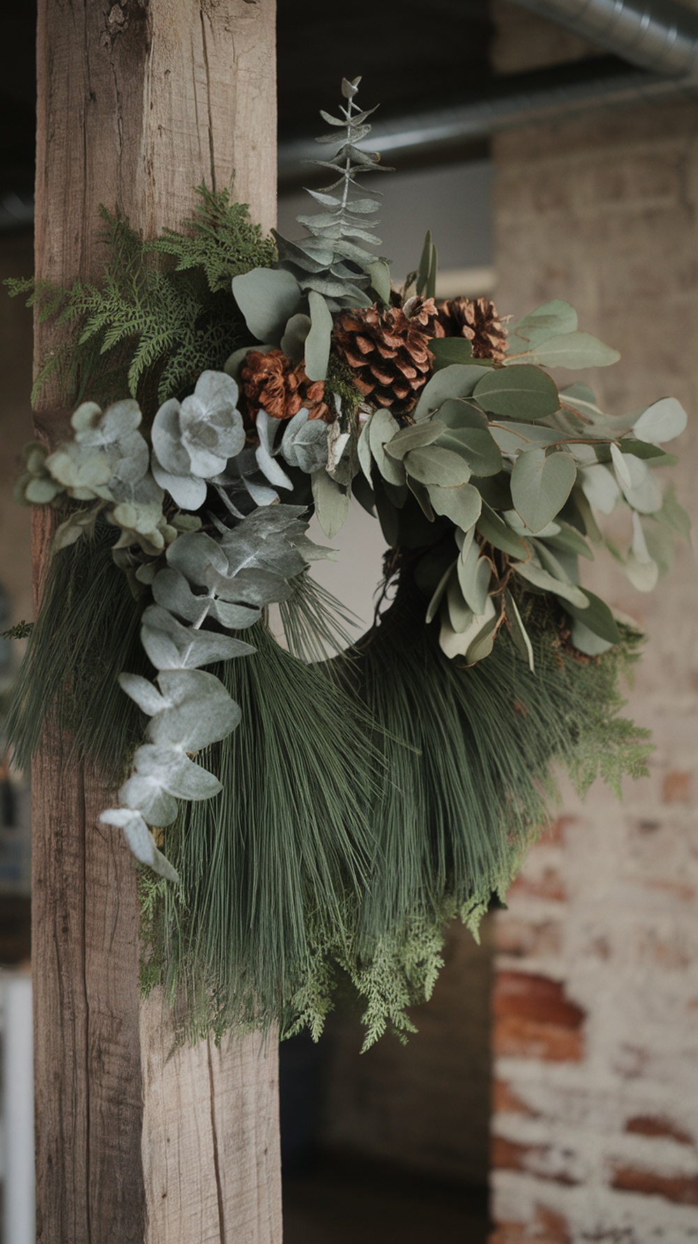 A wreath made of seasonal foliage including eucalyptus, pine, and pine cones, hanging on a wooden post.