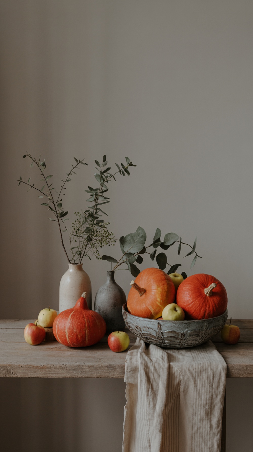 A rustic Thanksgiving table setting with pumpkins and apples arranged on a wooden table.