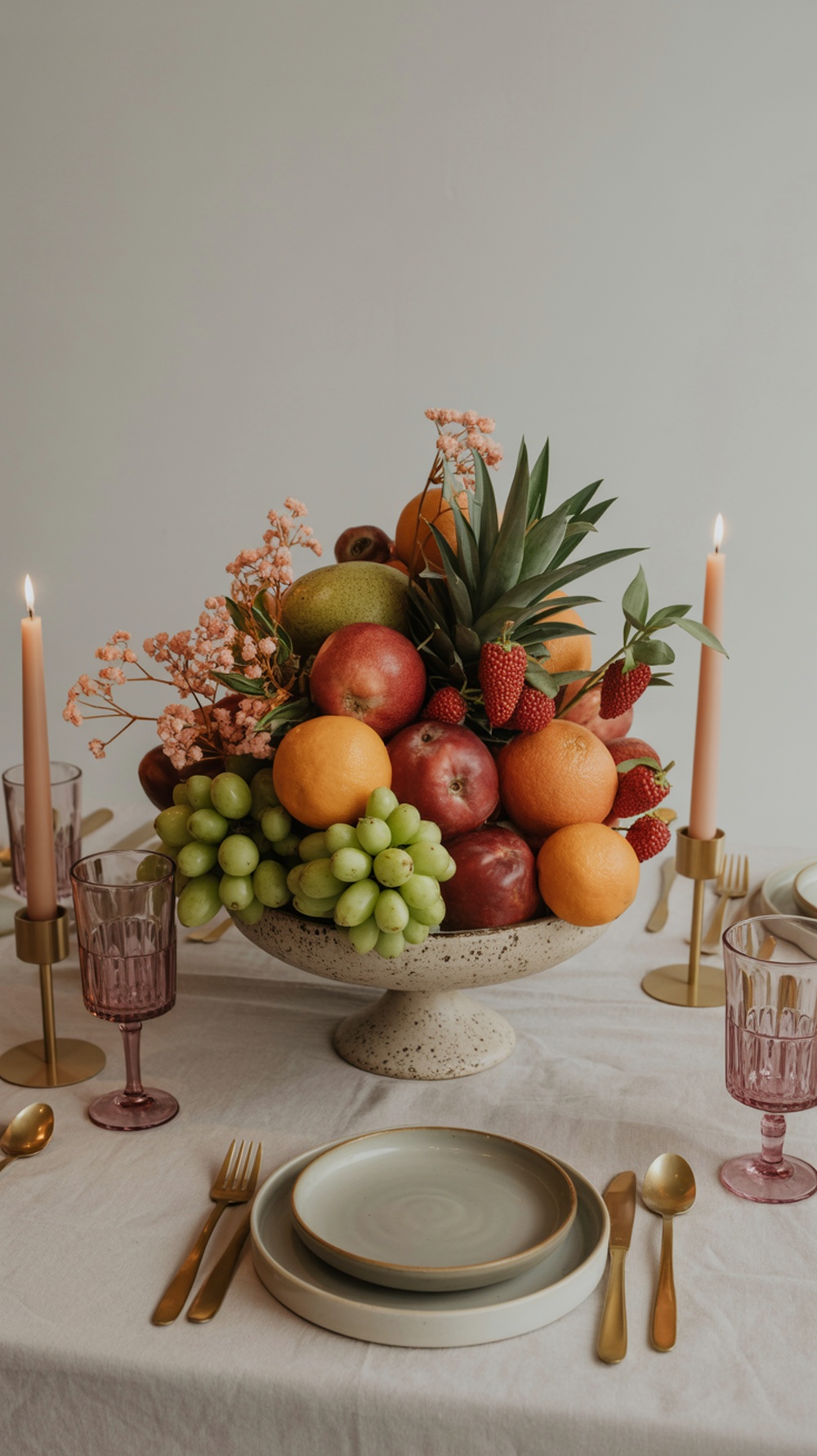 A boho Thanksgiving table featuring a vibrant fruit arrangement with apples, oranges, grapes, and strawberries, complemented by candles and elegant tableware.