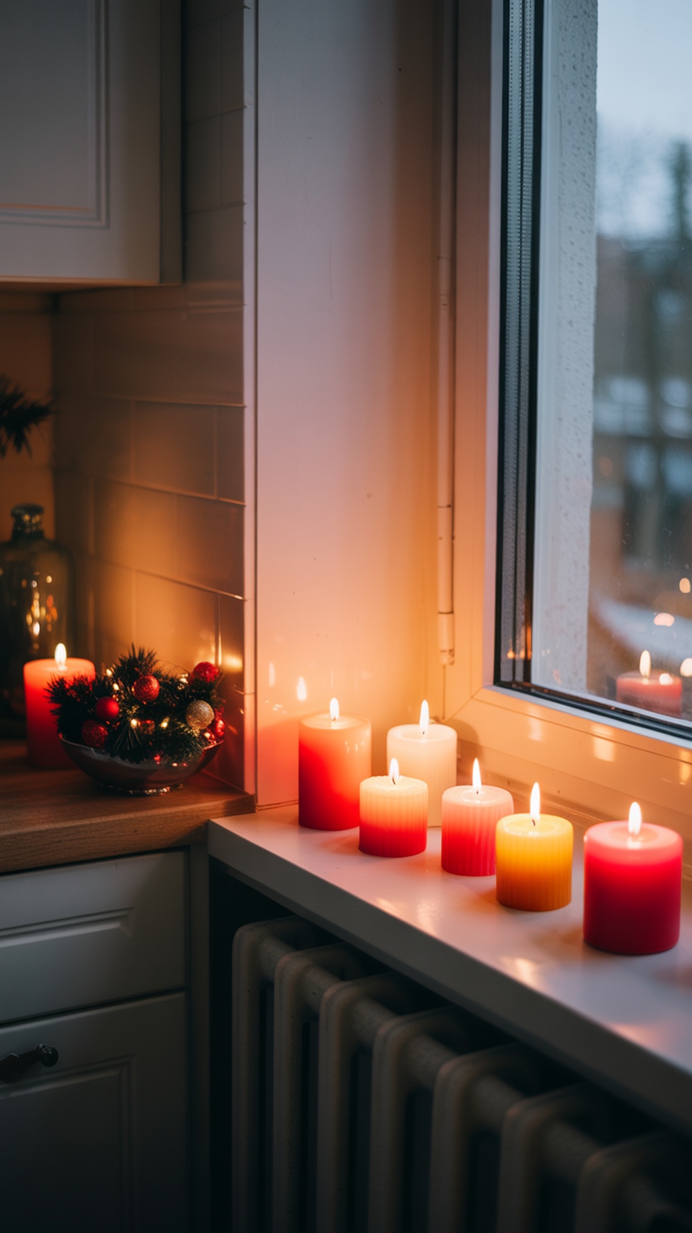 A cozy kitchen corner with colorful scented candles and a decorative bowl, creating a warm holiday atmosphere.