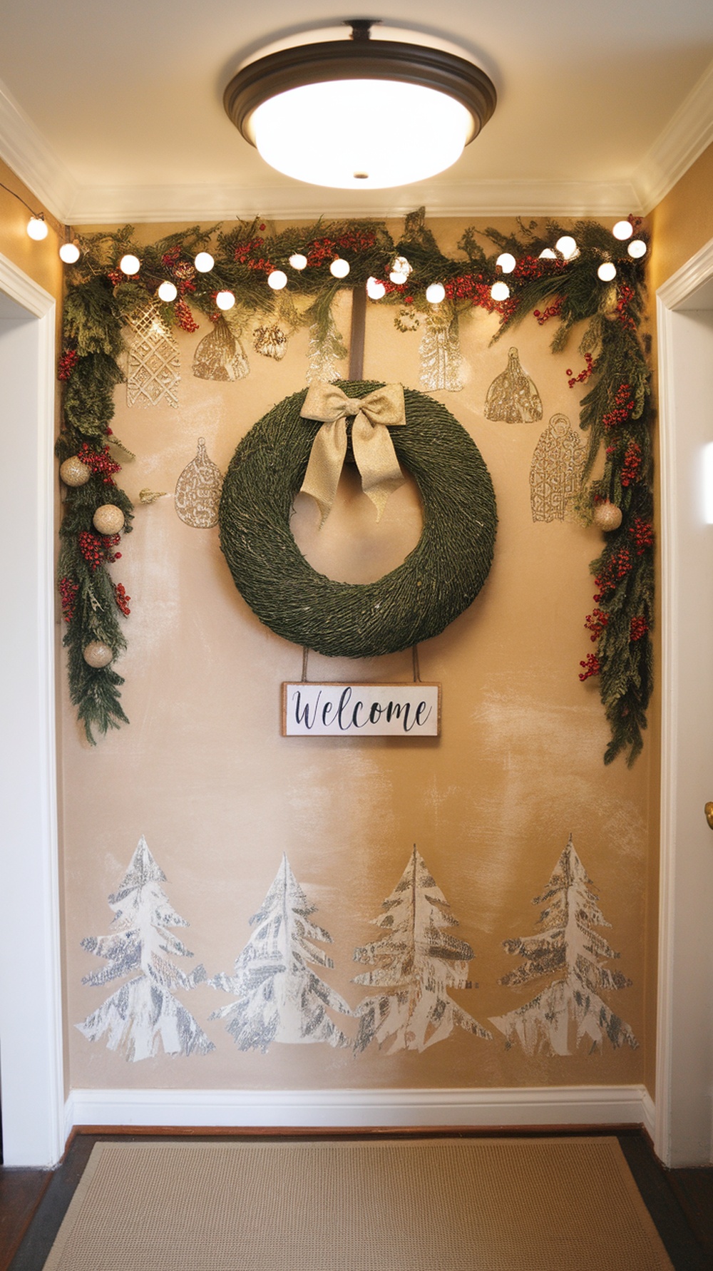A cozy entryway decorated for the holidays with a wreath, garland, and snowy tree wall art.