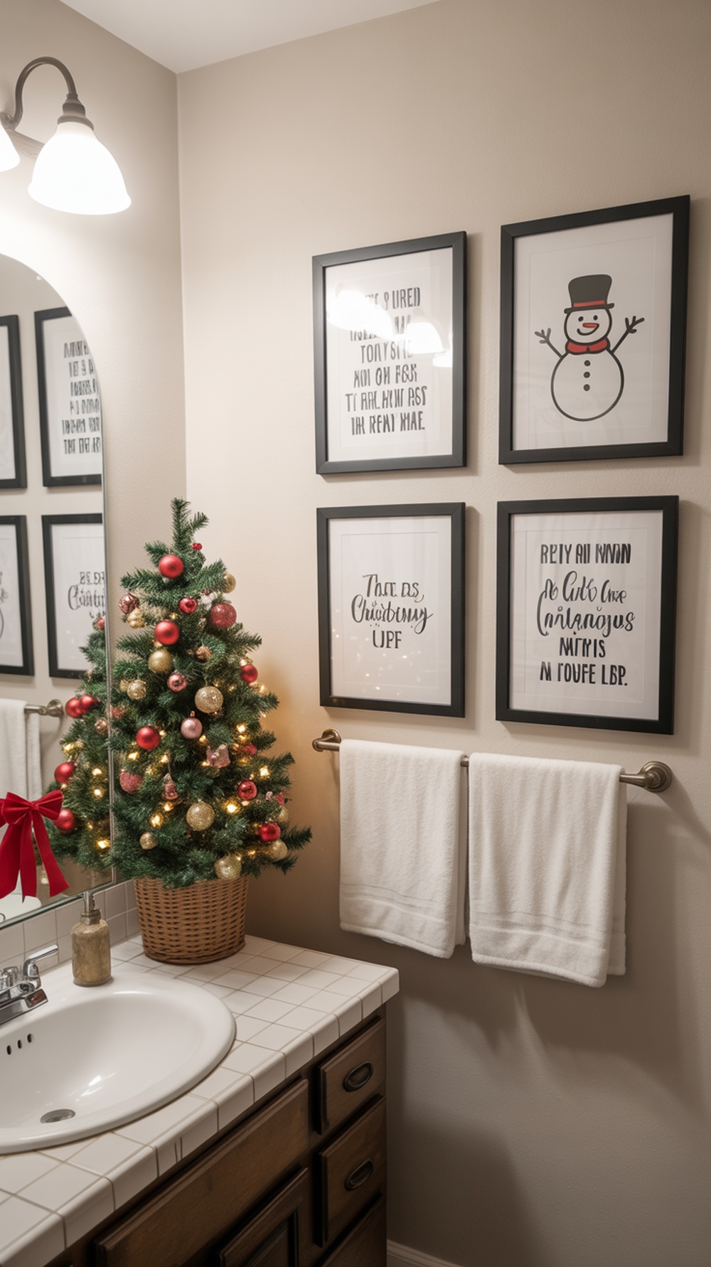 A cozy bathroom decorated for Christmas with framed wall art and a small Christmas tree.