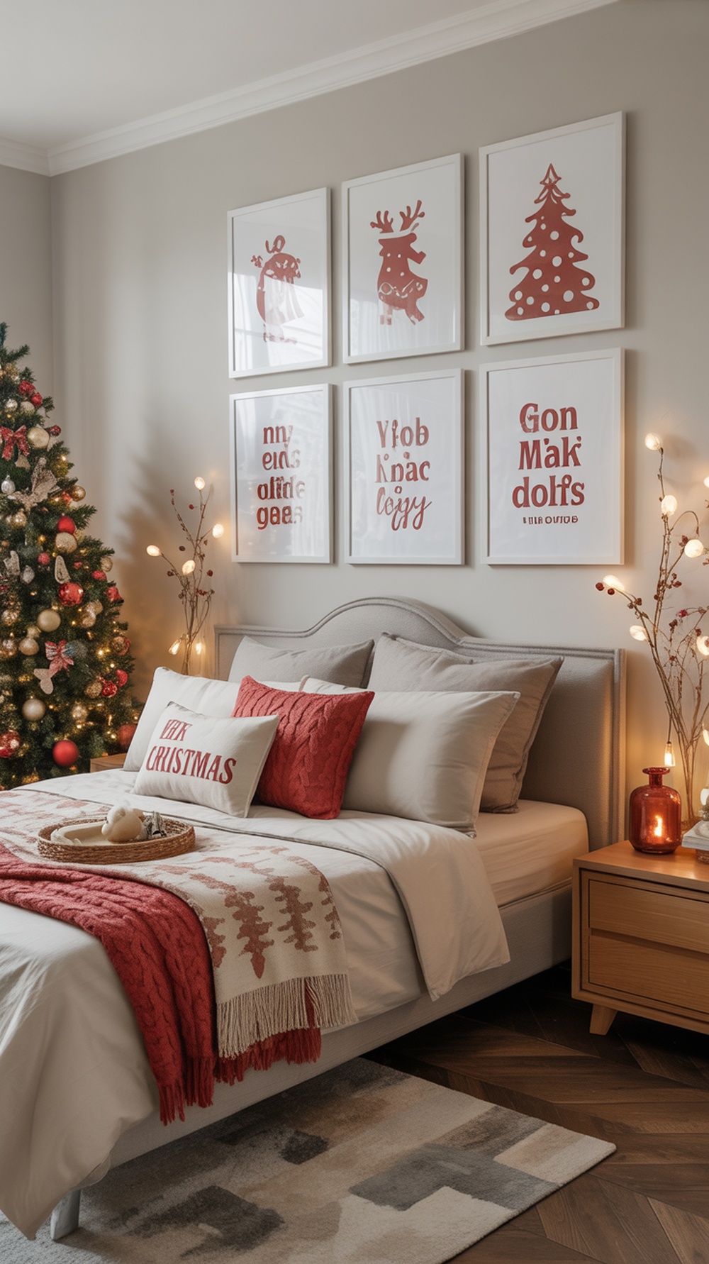Cozy bedroom decorated for Christmas with seasonal wall art and festive decor.