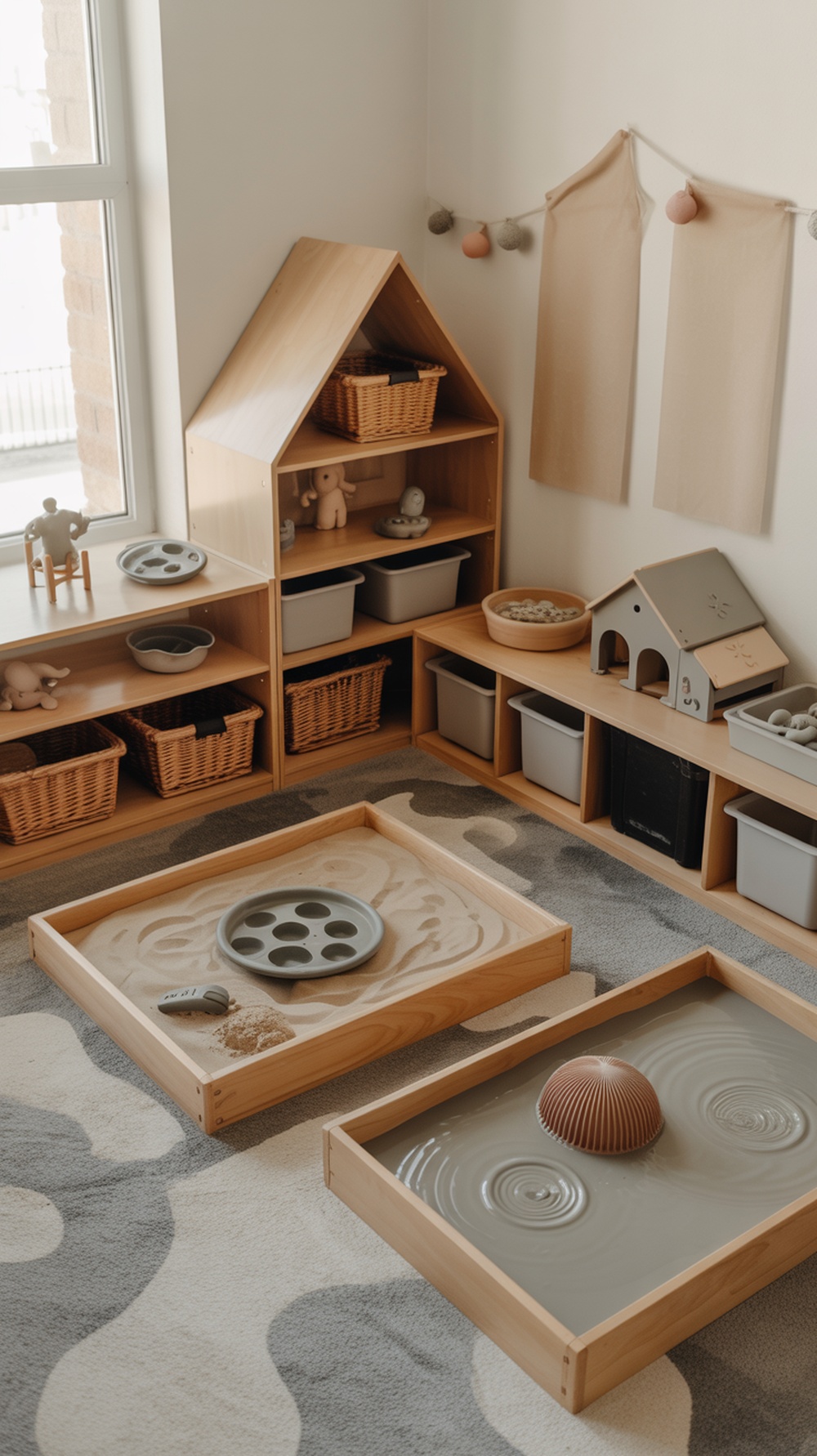 A cozy kids playroom with sensory play stations including sand and water tables.