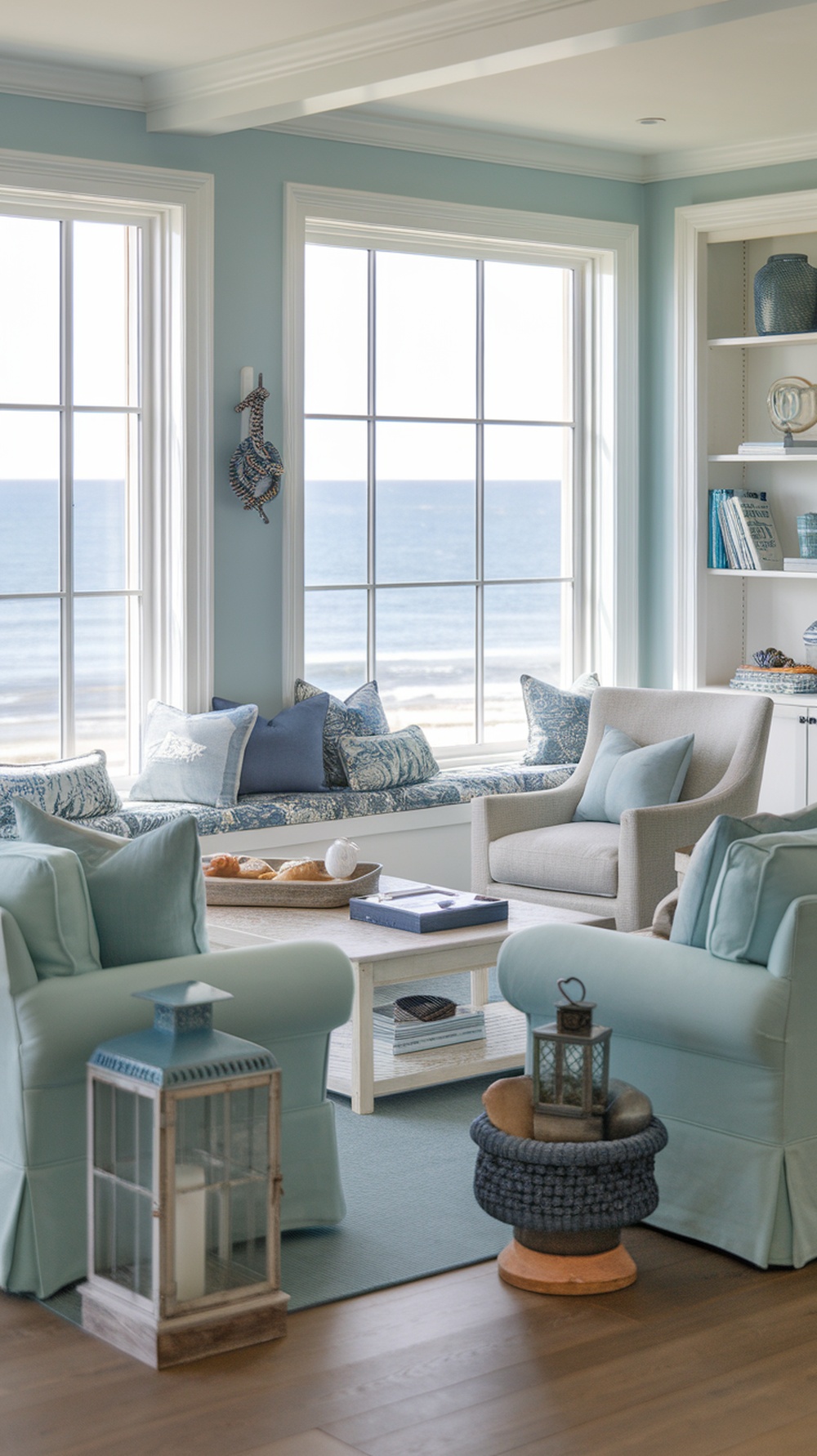 A serene coastal living room with light blue walls, large windows showing ocean views, and comfortable seating.