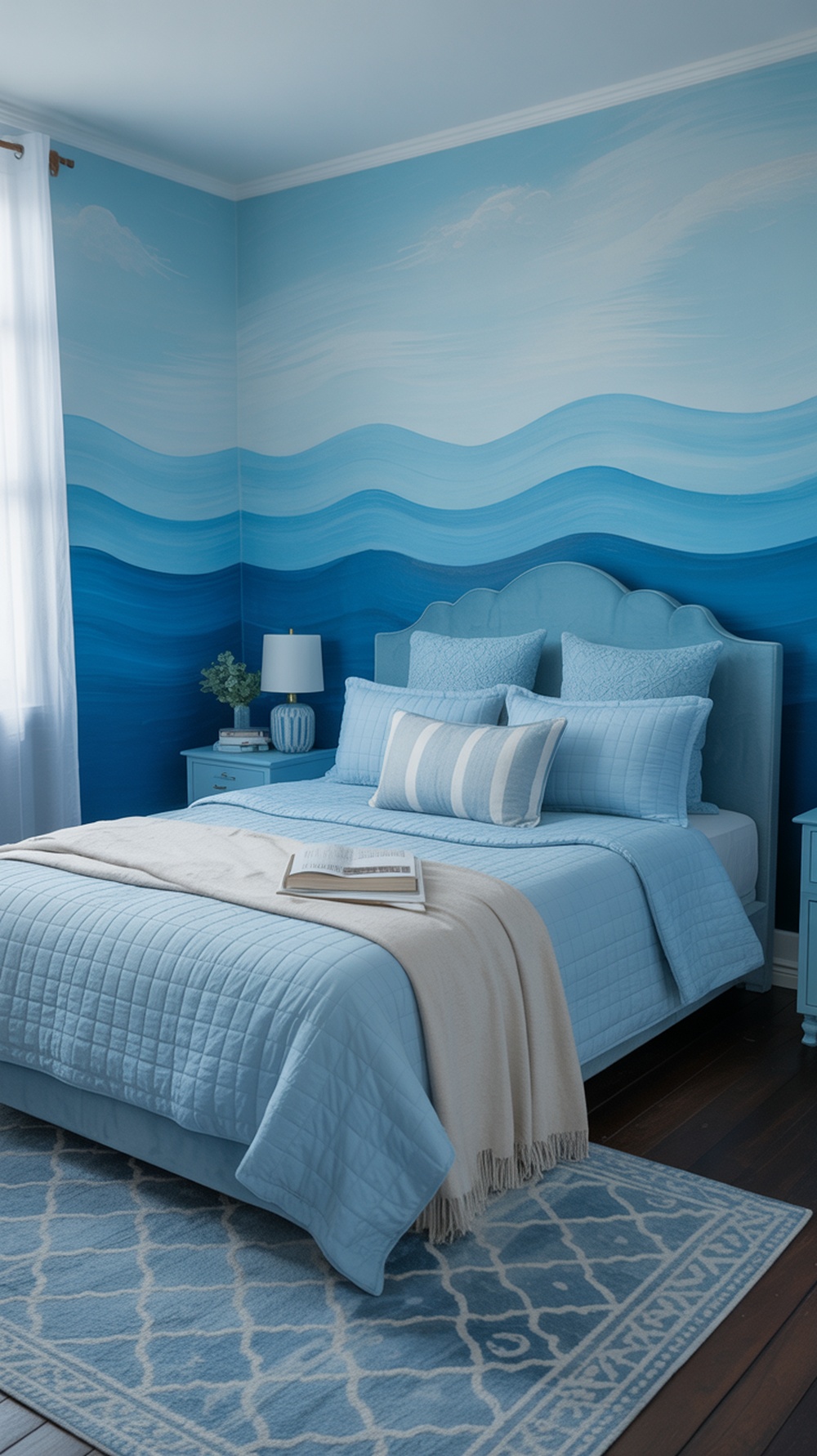 A serene blue bedroom with ocean-inspired mural and soft bedding