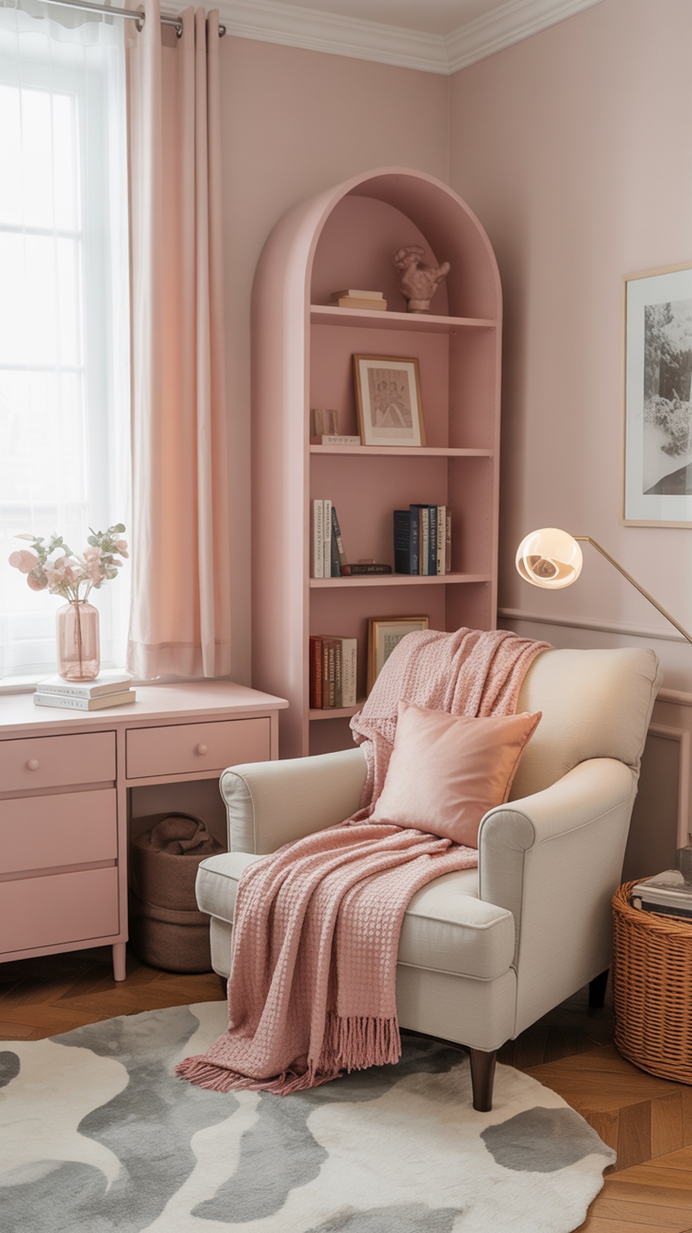 A cozy reading nook featuring a pink armchair, a bookshelf, and soft lighting.