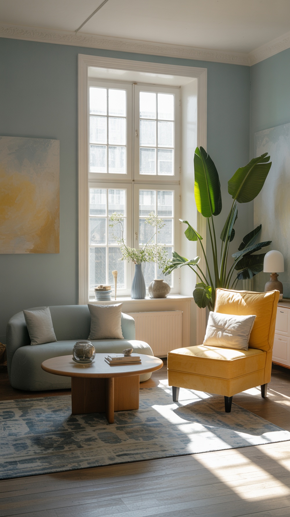 A serene living room featuring soft blue walls, a yellow armchair, and a rounded blue sofa, with natural light and plants.