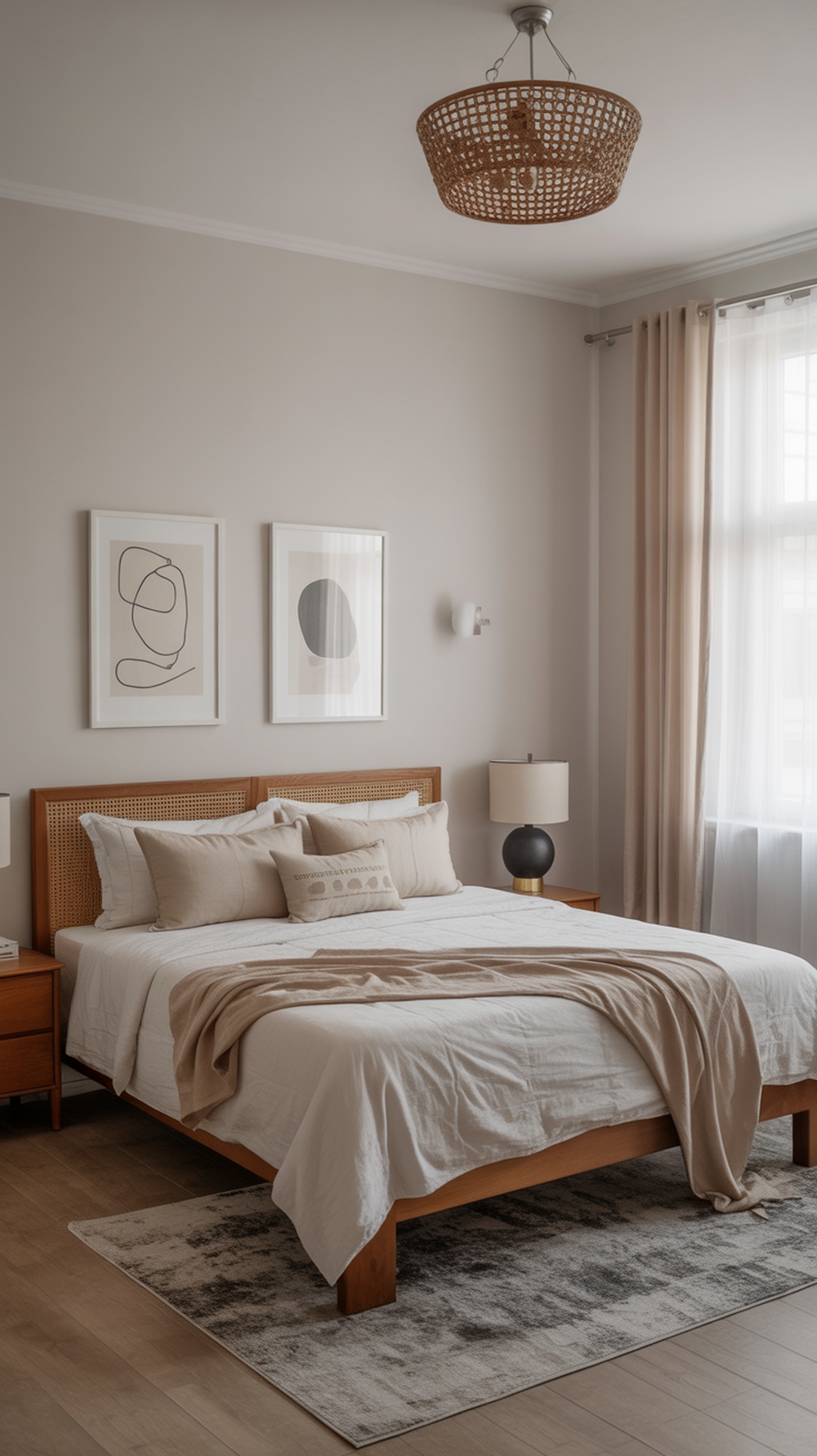 A minimalist bedroom featuring simple artwork displays with abstract framed pieces.