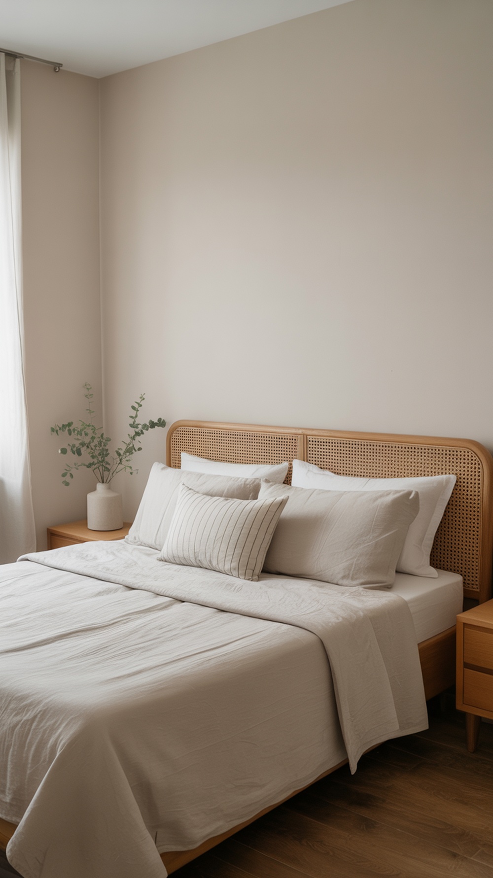 A minimalist bedroom featuring simple bed linens in neutral tones, with a touch of greenery.
