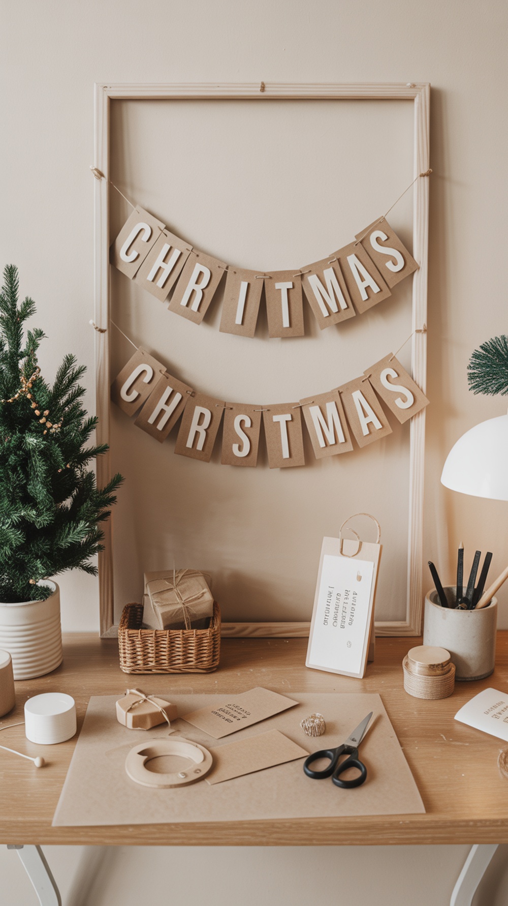 A minimalist workspace with Christmas decor, featuring a small tree, a banner spelling 'CHRISTMAS', and crafting supplies.