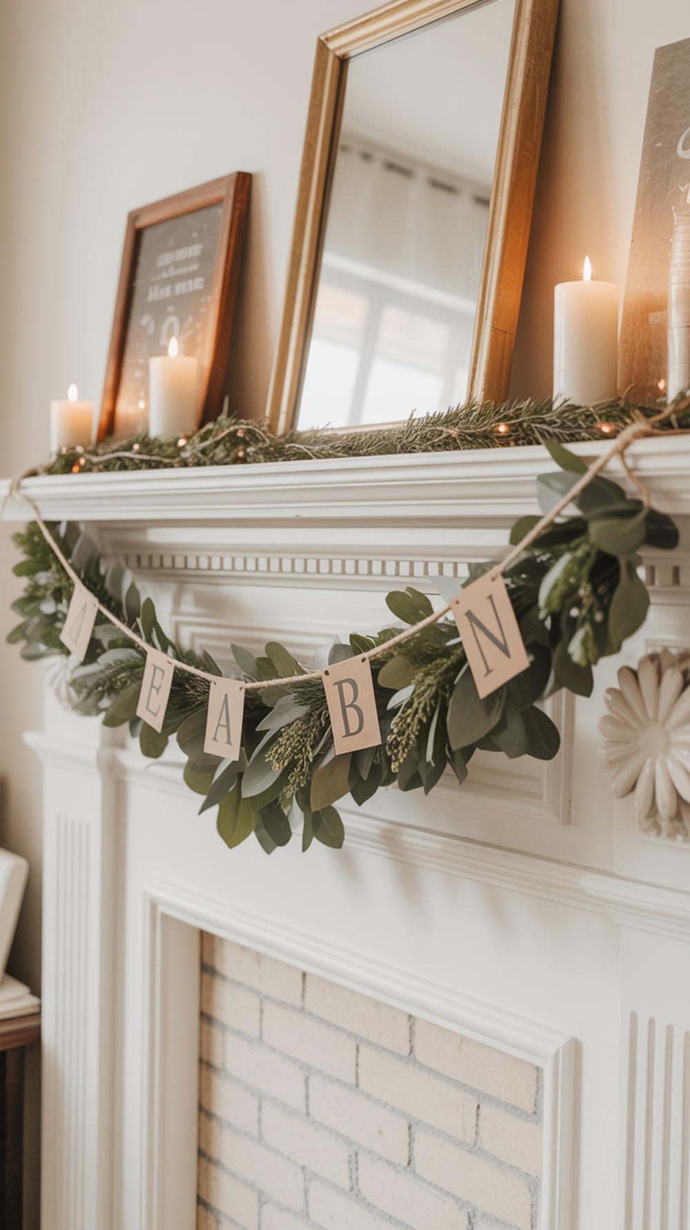 A garland made of greenery and twine, decorated with lettered tags, placed on a mantel with candles and framed pictures.