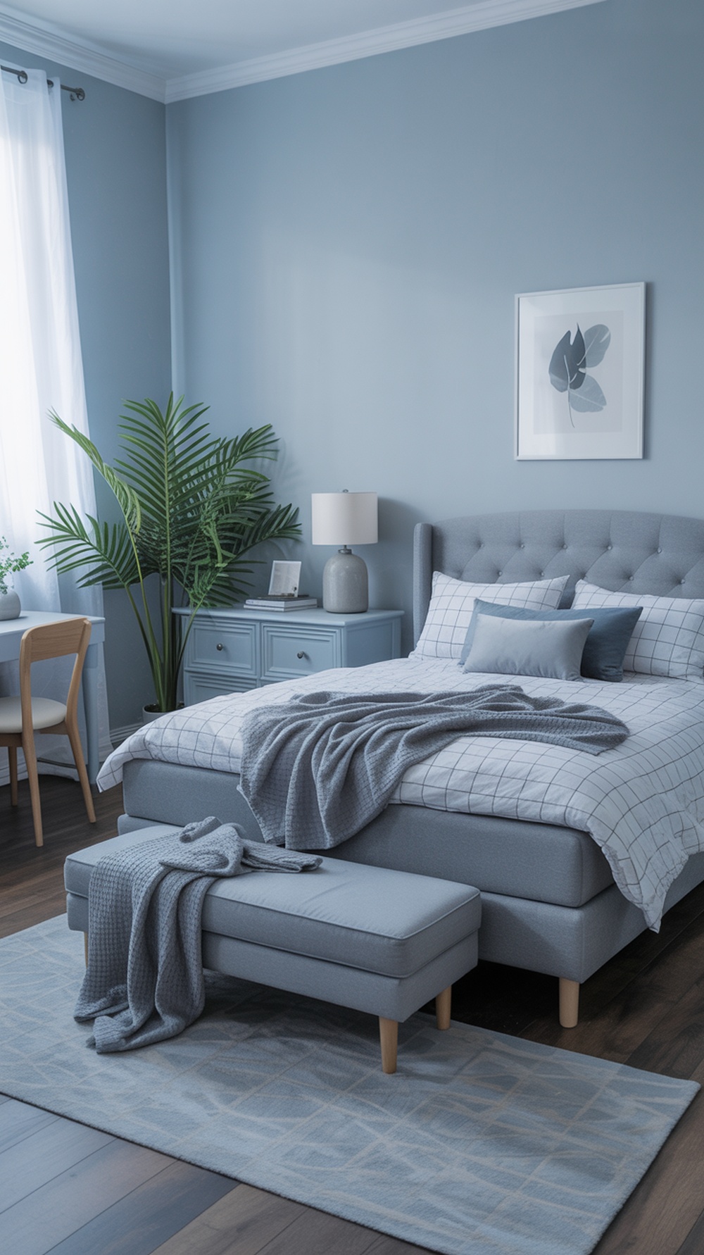 A serene bedroom featuring sky blue walls and soft gray bedding, with a plant and wooden furniture.