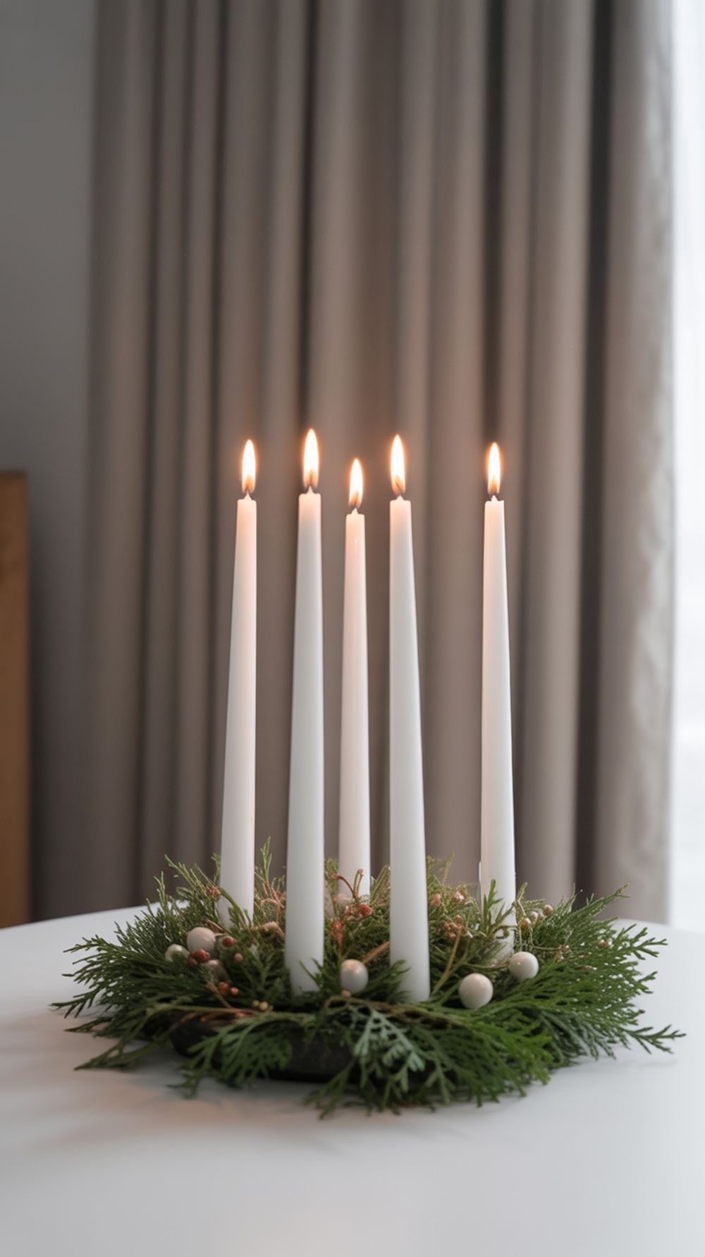 A minimalist candle arrangement featuring five tall white candles in a green wreath on a table.