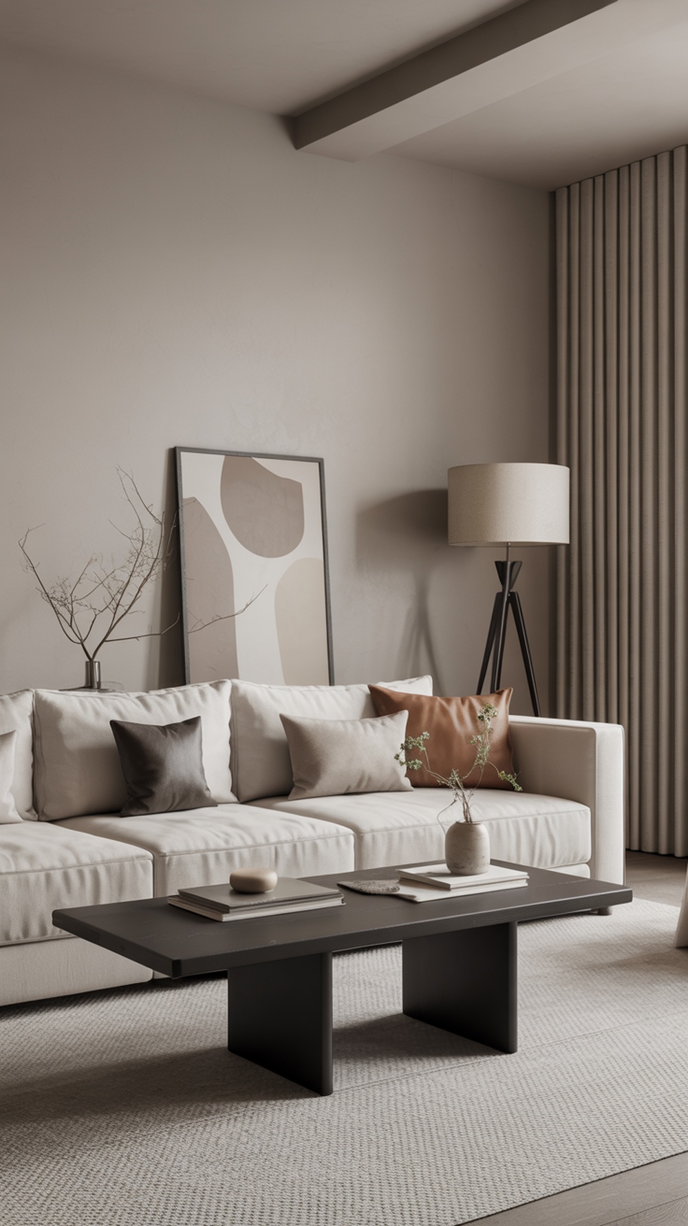 A modern minimalist living room featuring a neutral sofa with cushions, a dark coffee table, and a stylish lamp.