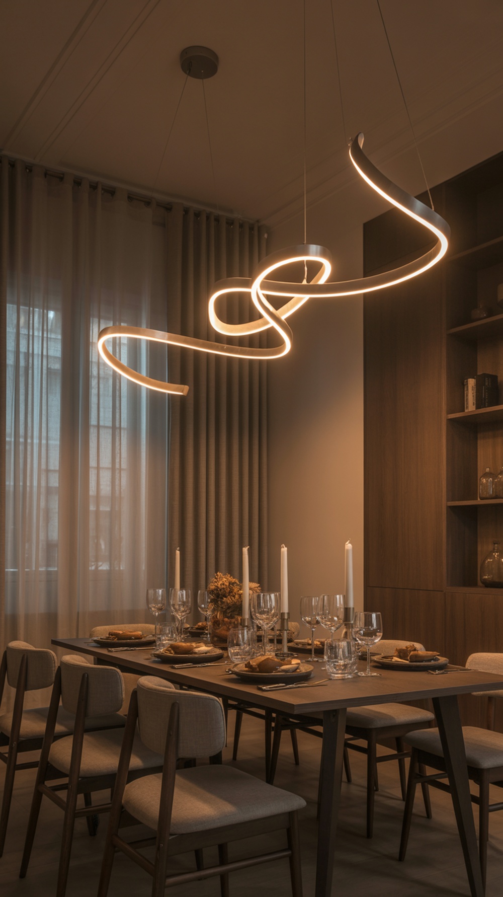 A modern dining room with a sleek lighting fixture above a beautifully set table for Thanksgiving.