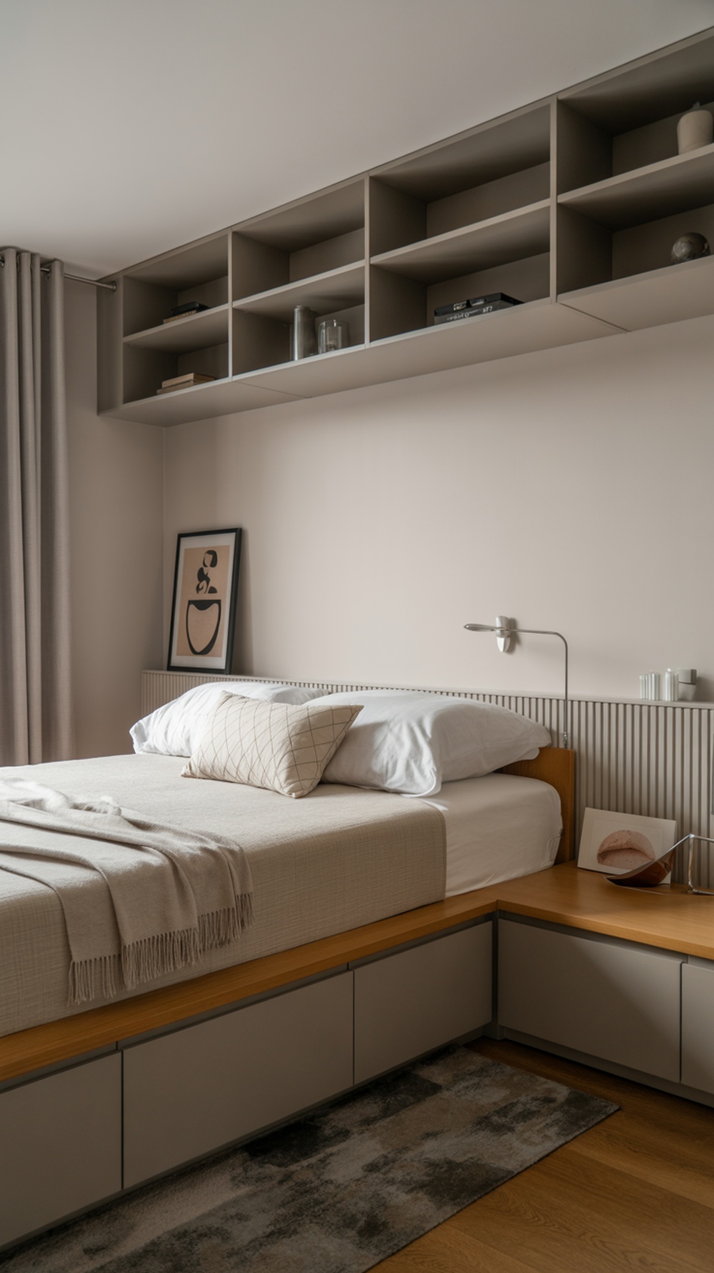 A minimalist bedroom featuring sleek storage solutions with wall-mounted shelves and under-bed drawers.