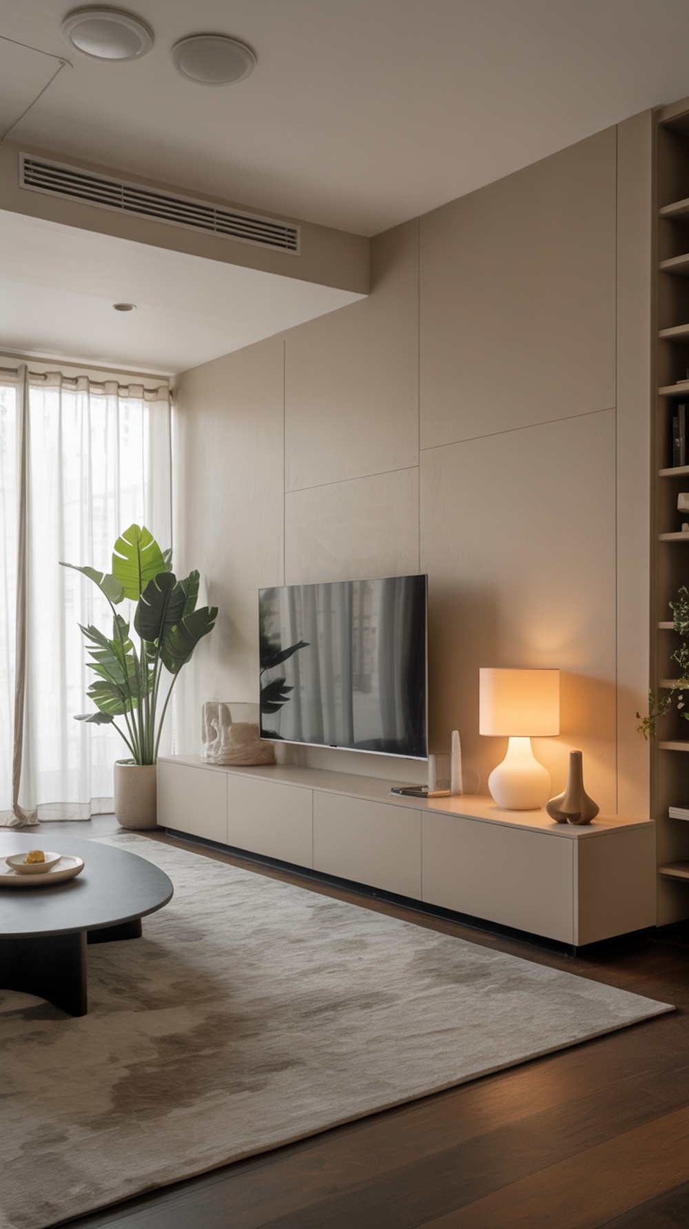 A modern minimalist living room featuring a sleek TV, warm lighting, and a stylish plant.