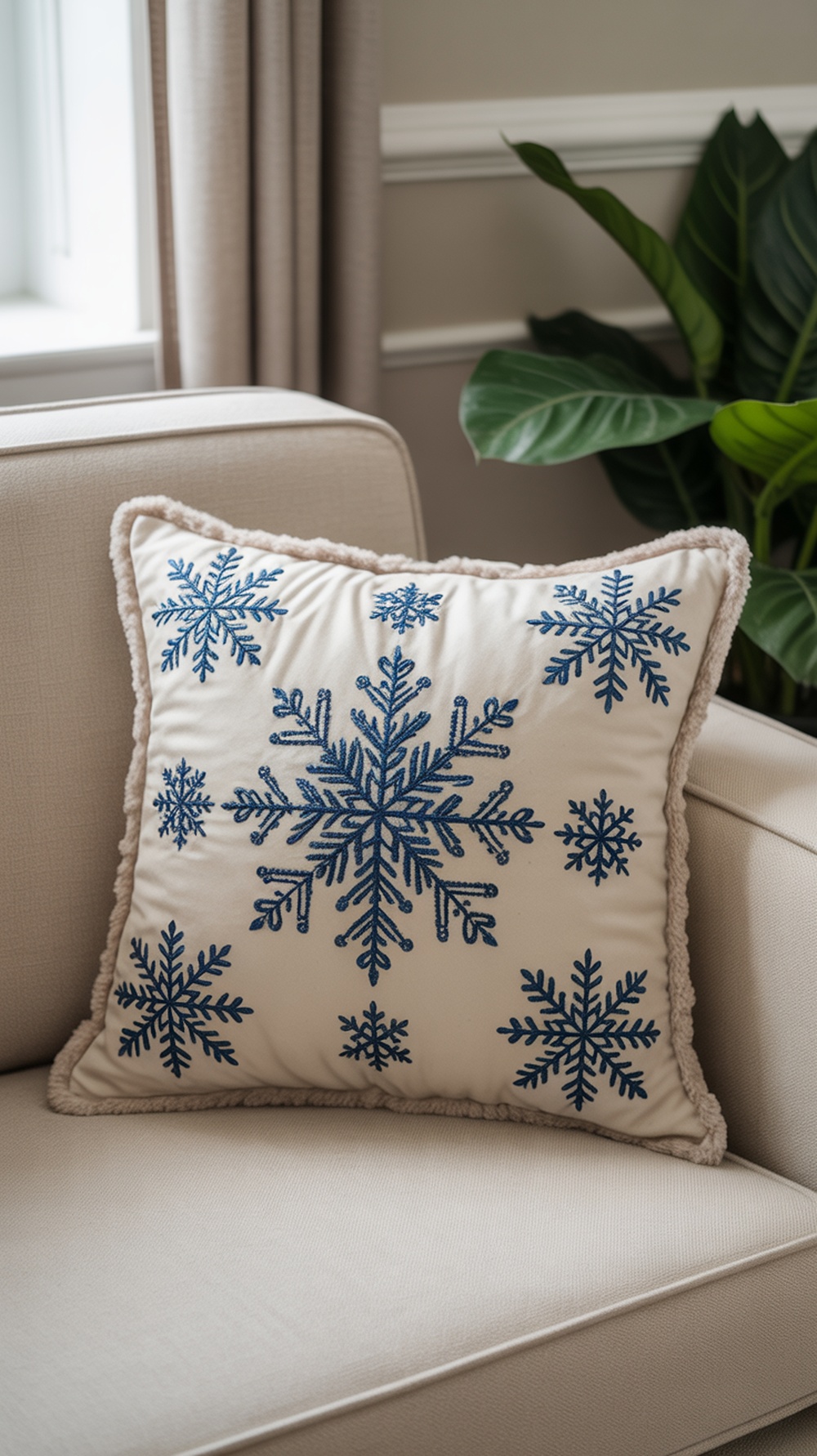 A decorative throw pillow with blue snowflake embroidery on a cream background, placed on a beige couch.