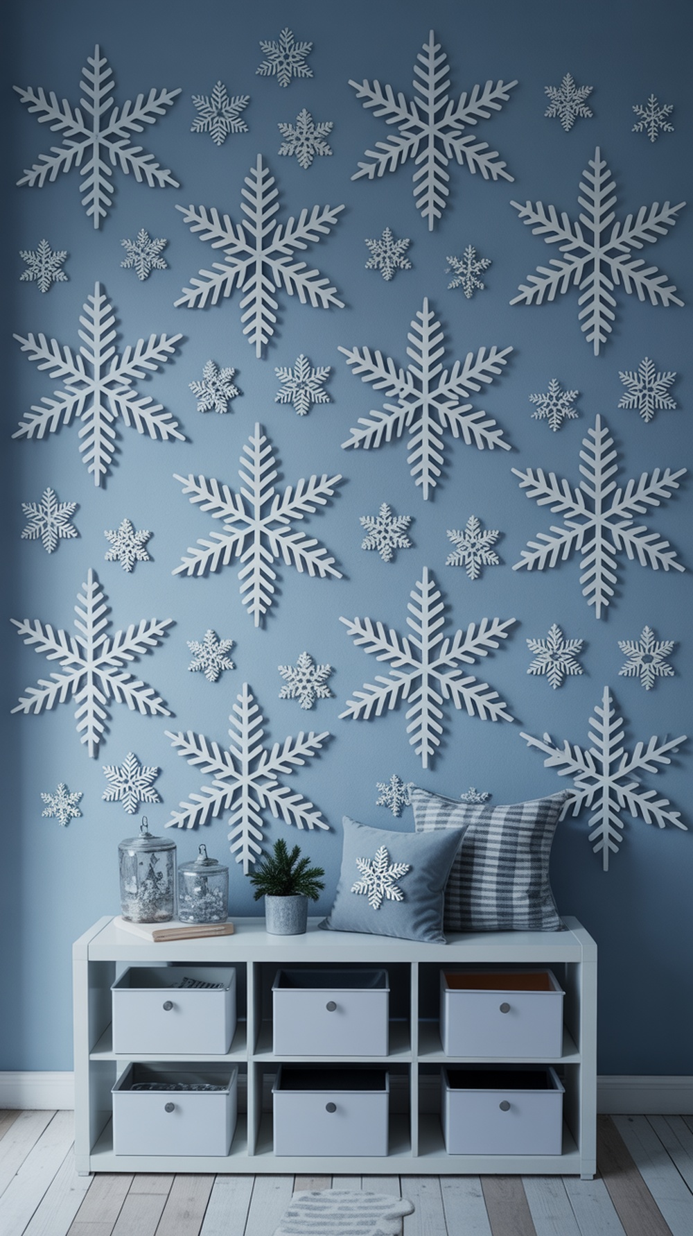A wall decorated with various white snowflake designs on a blue background, accompanied by a shelf with decorative items.