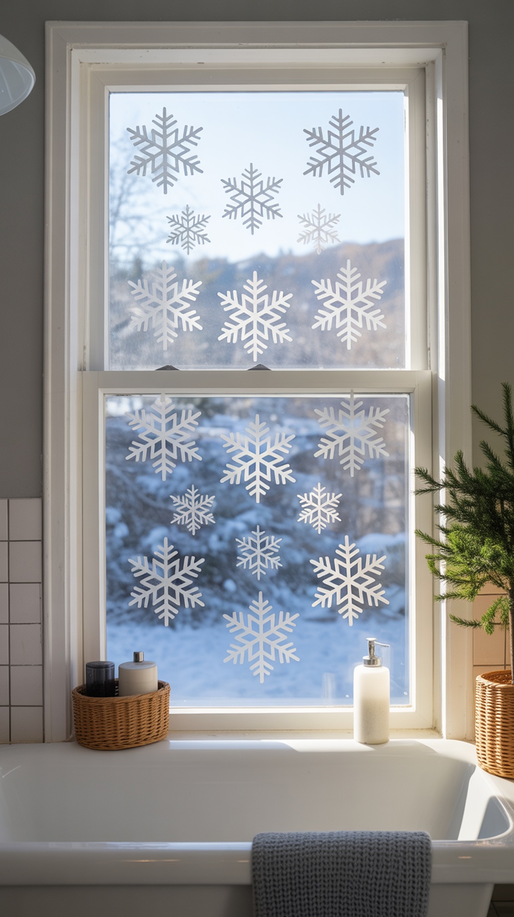 A bathroom window decorated with white snowflake clings against a snowy background.