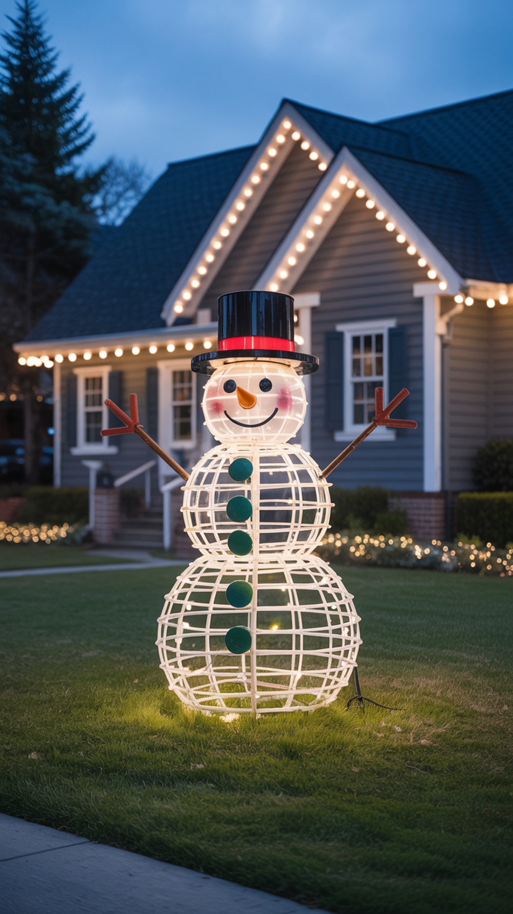A glowing snowman light display in front of a house decorated for Christmas.