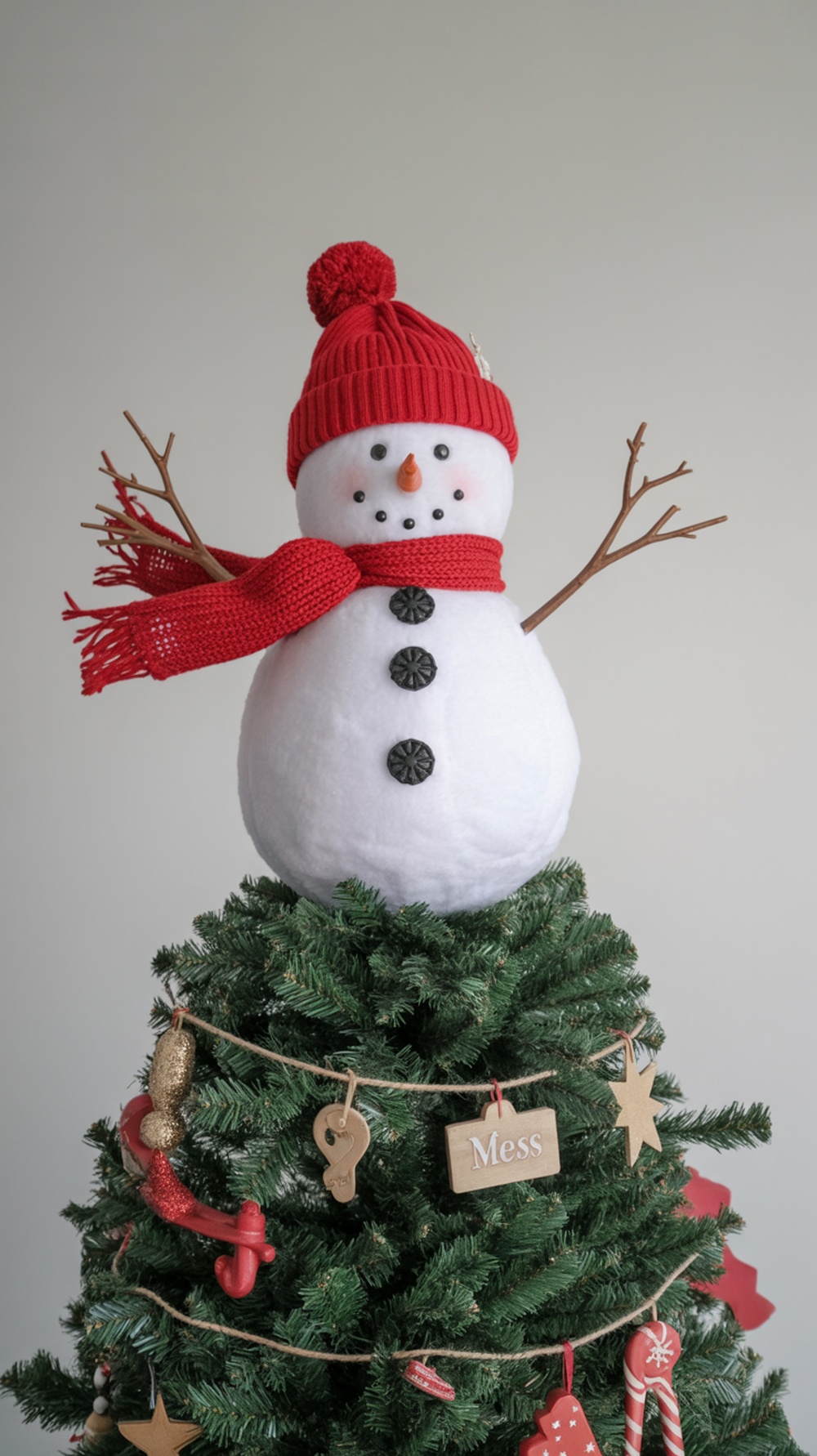 A snowman tree topper with a red hat and scarf sitting atop a Christmas tree.
