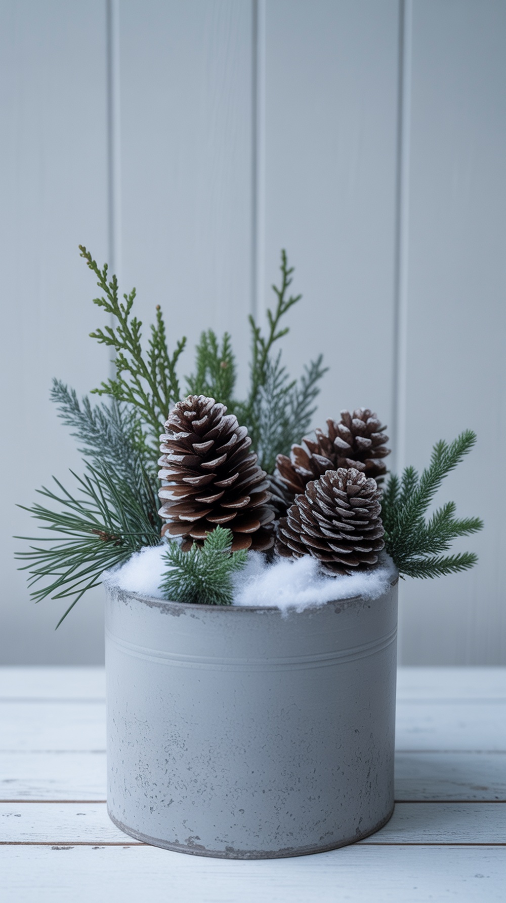 A snowy pinecone planter with pinecones and evergreen branches in a gray container.