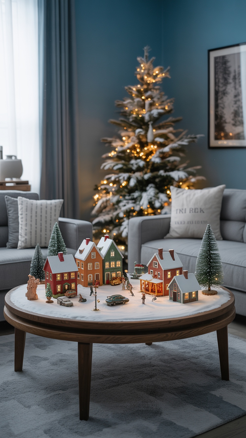 A cozy coffee table decorated with a snowy village scene featuring colorful miniature houses, trees, and figures, set in a living room with a Christmas tree.