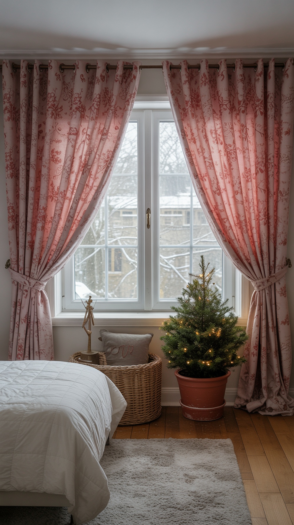 A cozy bedroom with a snowy window view, featuring festive pink drapes and a small Christmas tree.