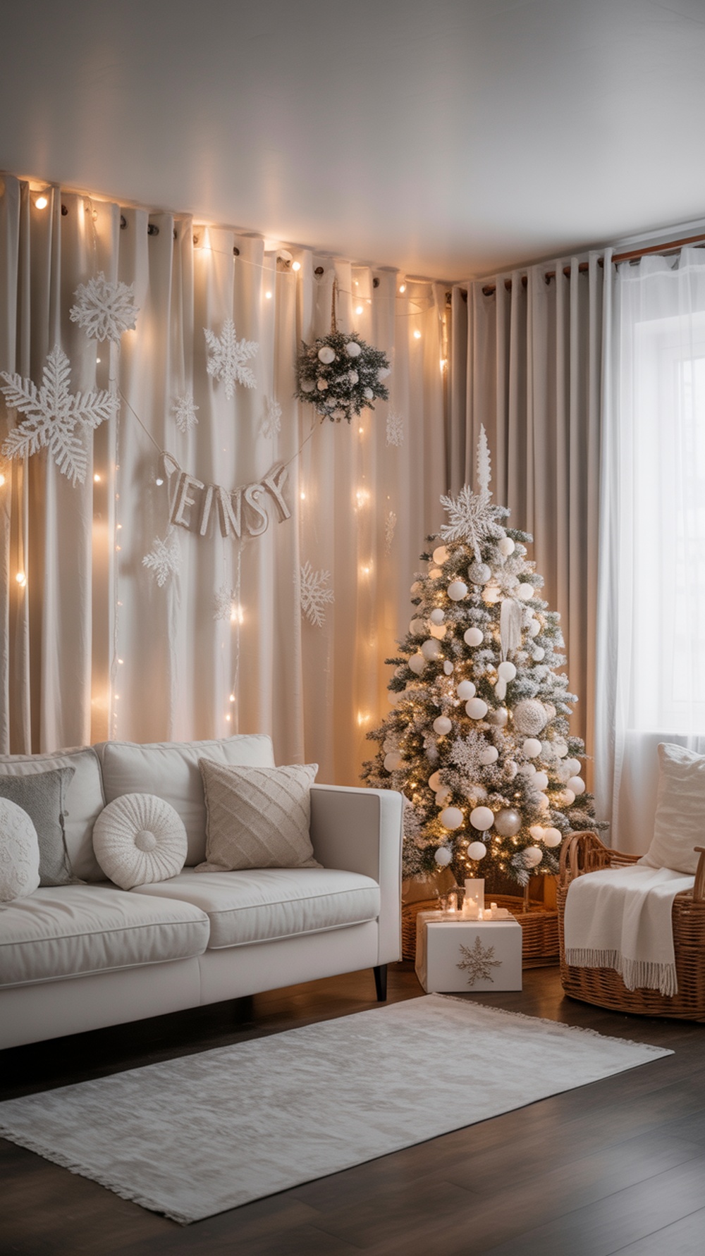 A cozy living room decorated for Christmas with a white tree, snowflake decorations, and soft lighting.