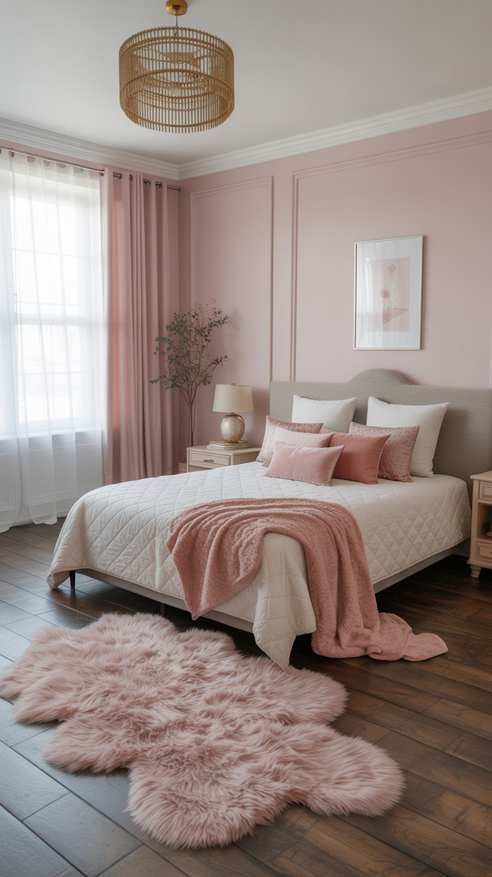 A feminine bedroom featuring a soft pink area rug, light pink walls, and elegant bedding.