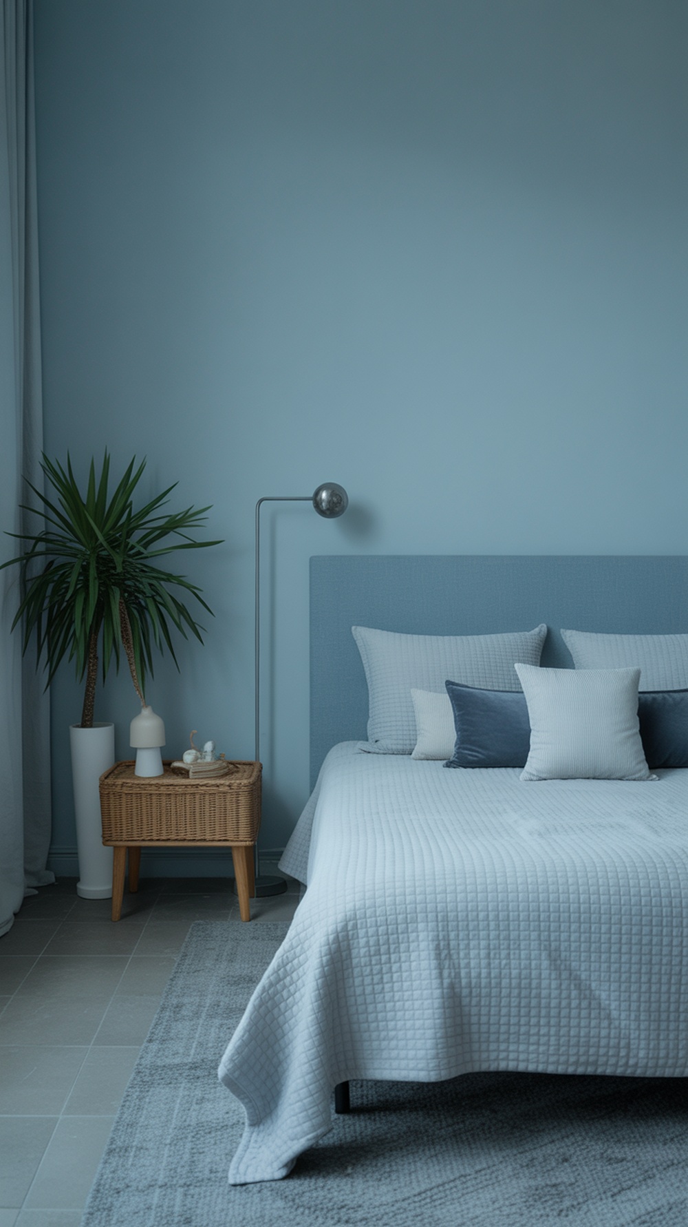 A soft blue bedroom with minimalist decor, featuring a light quilted bedspread, blue and white pillows, a woven basket table, and a potted plant.